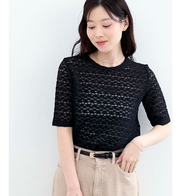  「《WEB限定アイテム》ストレッチレースハーフスリーブプルオーバー」|Tシャツ・カットソー|ブラック