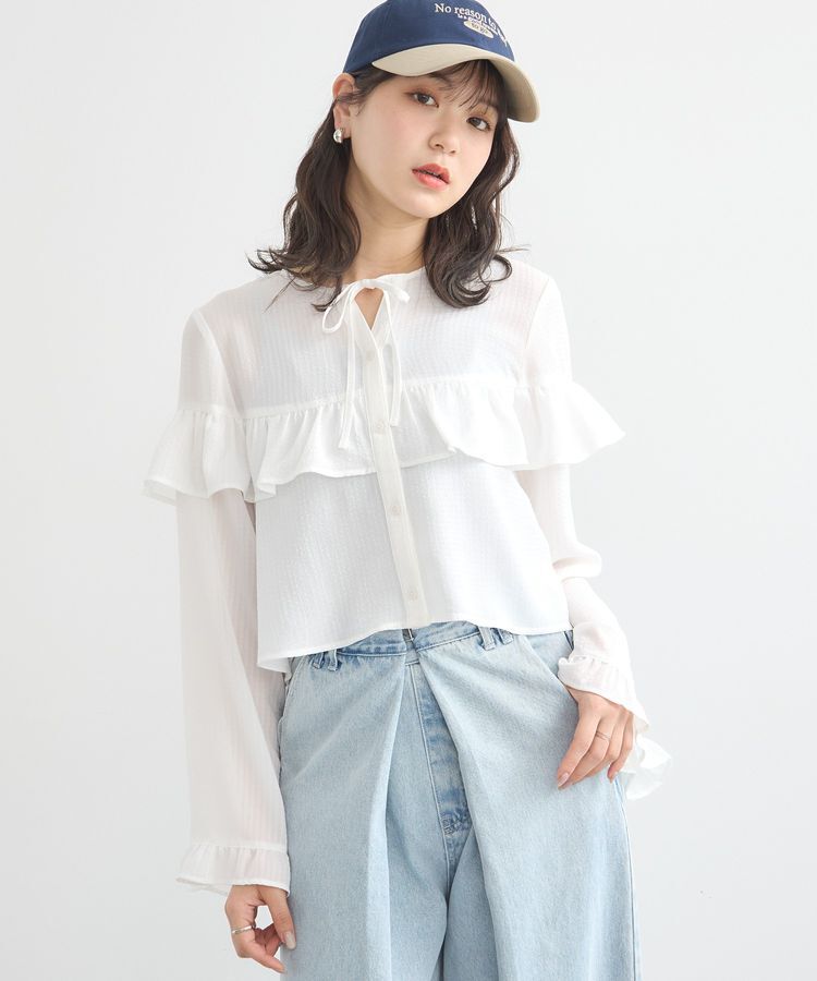 earth music&ecology「フリル切替えショートブラウス」|シャツ・ブラウス|Off White