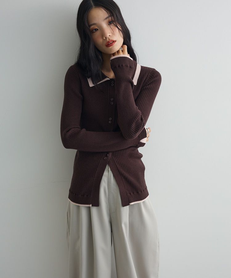 AnriettMusee「配色レイヤードポロリブニットカーディガン」|ニット・セーター|