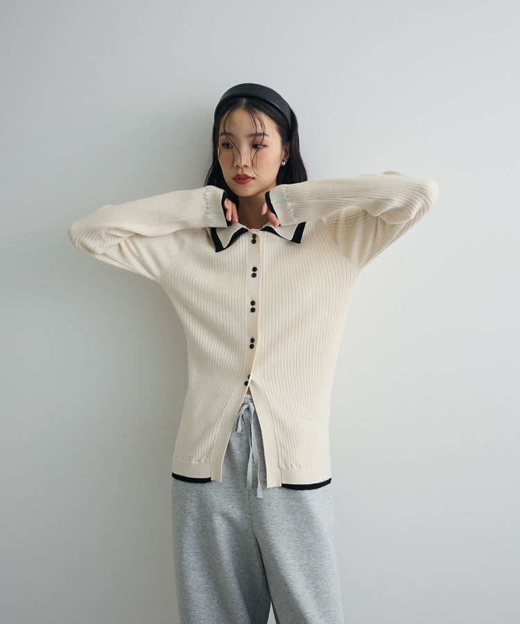 AnriettMusee「配色レイヤードポロリブニットカーディガン」|ニット・セーター|