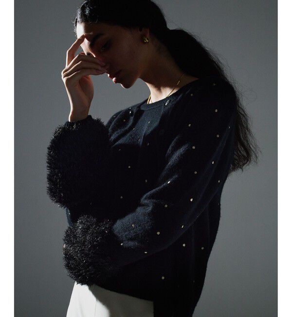 allureville「エンブロイダリードットフェイクファーカフスカーディガン」|カーディガン|ブラック