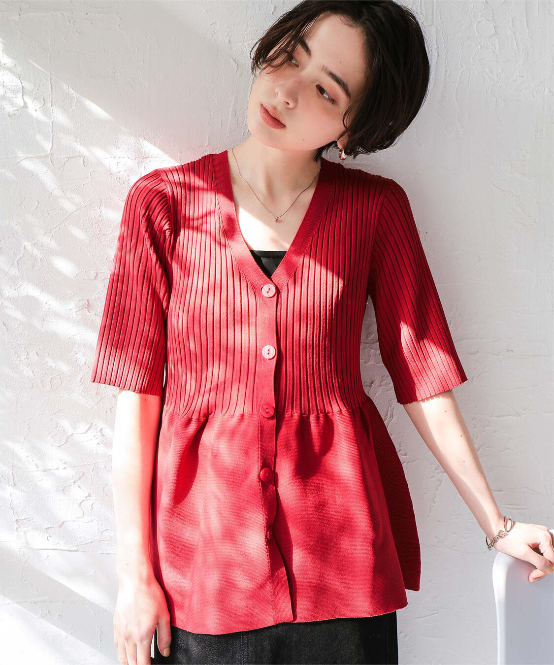 titivate「前後2wayハーフスリーブペプラムニットトップス」|ニット・セーター|レッド