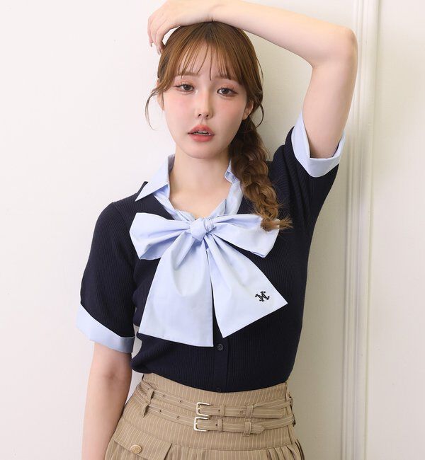  「【リボン取り外し可能】リボンシャツドッキングニット」|ニット・セーター|