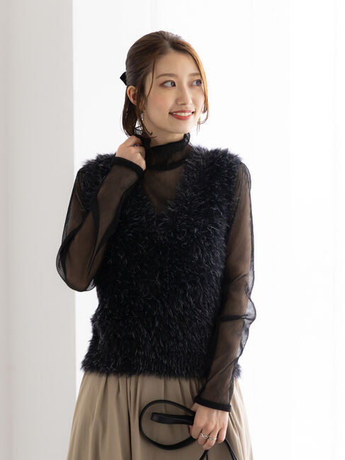 Te chichi「シャギーヤーンVネックベスト」|ダウンベスト・ベスト|ブラック