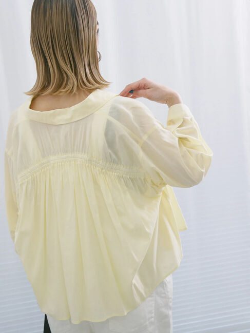 Samansa Mos2 blue「ショート丈シャーリングブラウス」|シャツ・ブラウス|