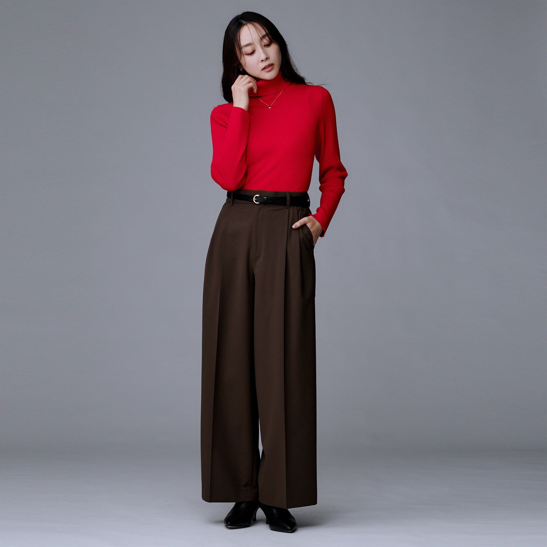 UNTITLED「【洗える/アンサンブル可能/ウール100%】リブタートルネックウールニット」|ニット・セーター|