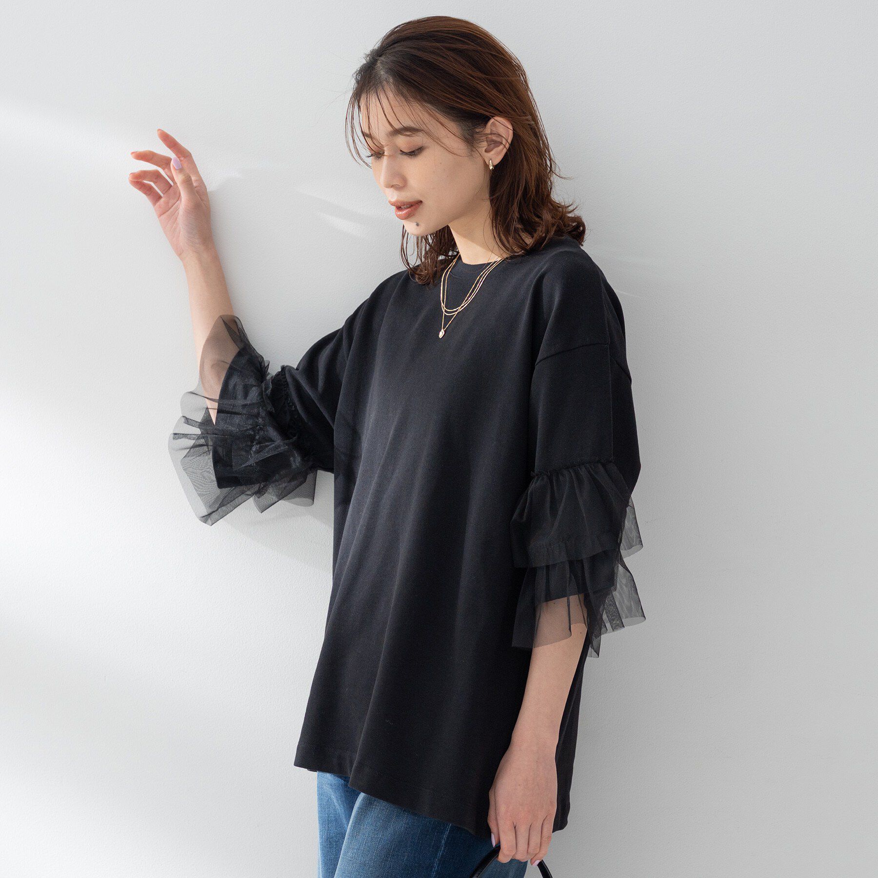 UNTITLED「【Munich】ラッフルスリーブトップス」|Tシャツ・カットソー|ブラック(019)