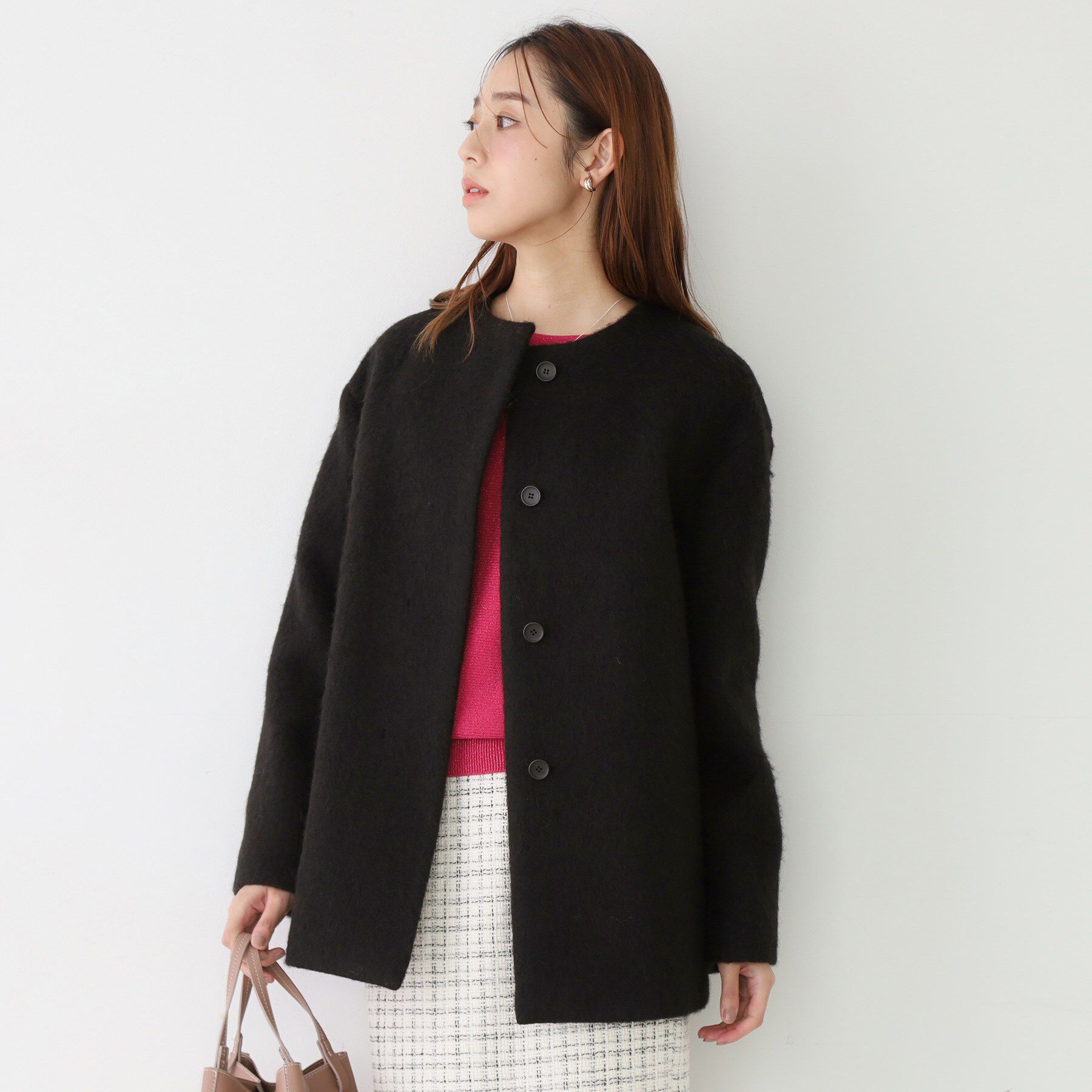 COUP DE CHANCE「【日本製／モヘヤ混／ヒップ丈】ノーカラーコート」|ノーカラーコート|ブラック(019)