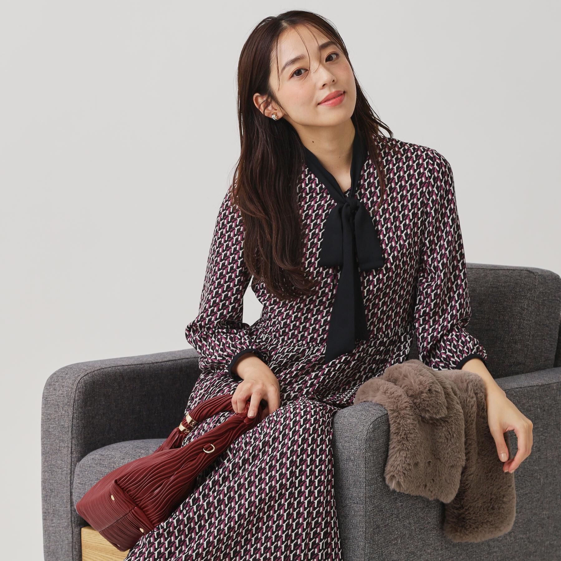 COUP DE CHANCE「【ボウ取外し可】幾何柄プリーツワンピース」|ワンピース|