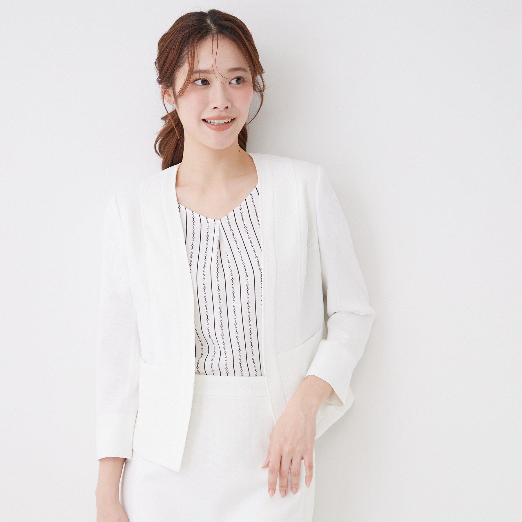 COUP DE CHANCE「【手洗い可／日本製／UVケア】リネンライク カラーレスジャケット」|ノーカラージャケット|ホワイト(001)