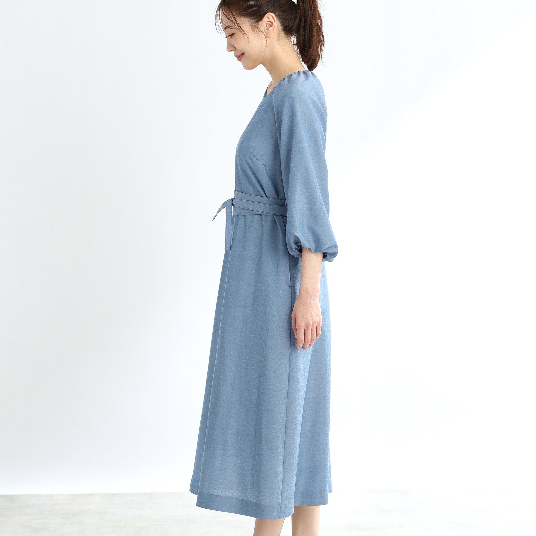 Reflect「【手洗い可／共布ベルト付き】ブルーダンガリーワンピース」|ワンピース|