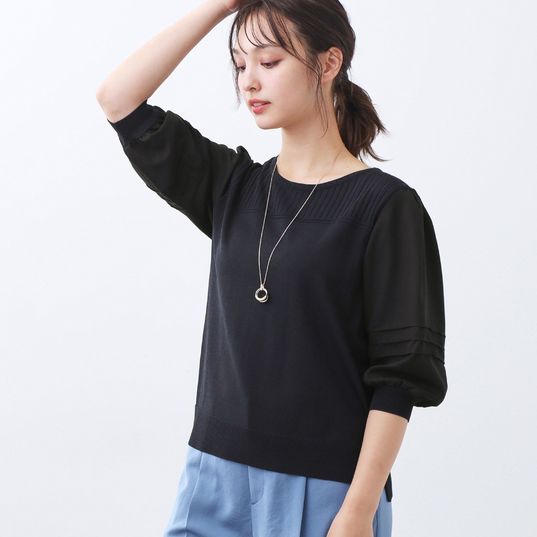 Reflect「【WEB先行カラーあり／手洗い可】ジョーゼットスリーブ&times;ニット」|Tシャツ・カットソー|ネイビー(594)