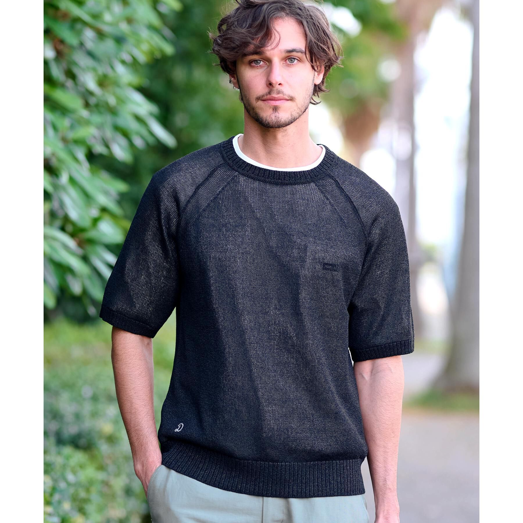 DRESSTERIOR「ペーパーコットン ハーフスリーブニット」|ニット・セーター|ブラック(019)