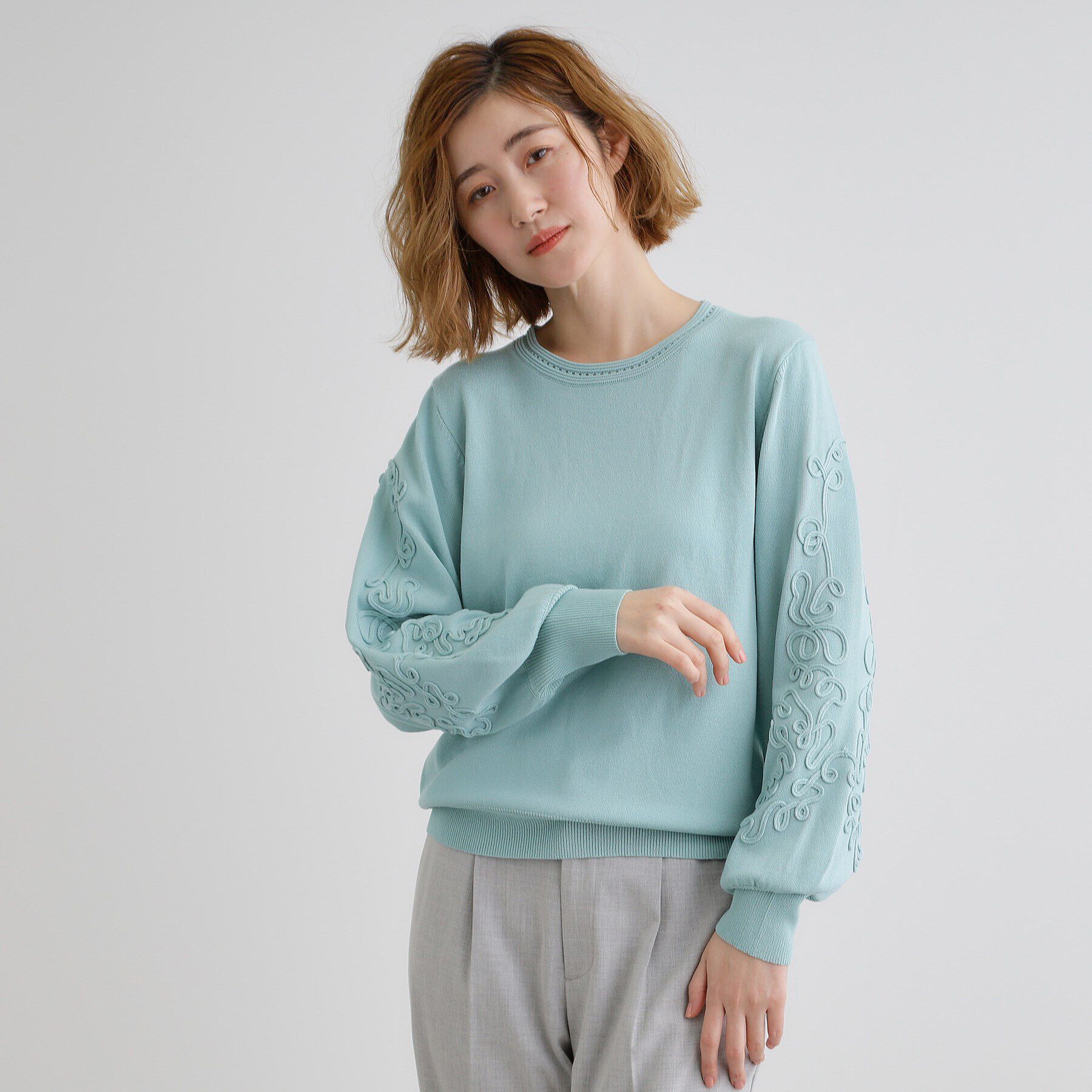 grove「袖コード刺繍ニットプルオーバー」|ニット・セーター|ブルーグリーン(09