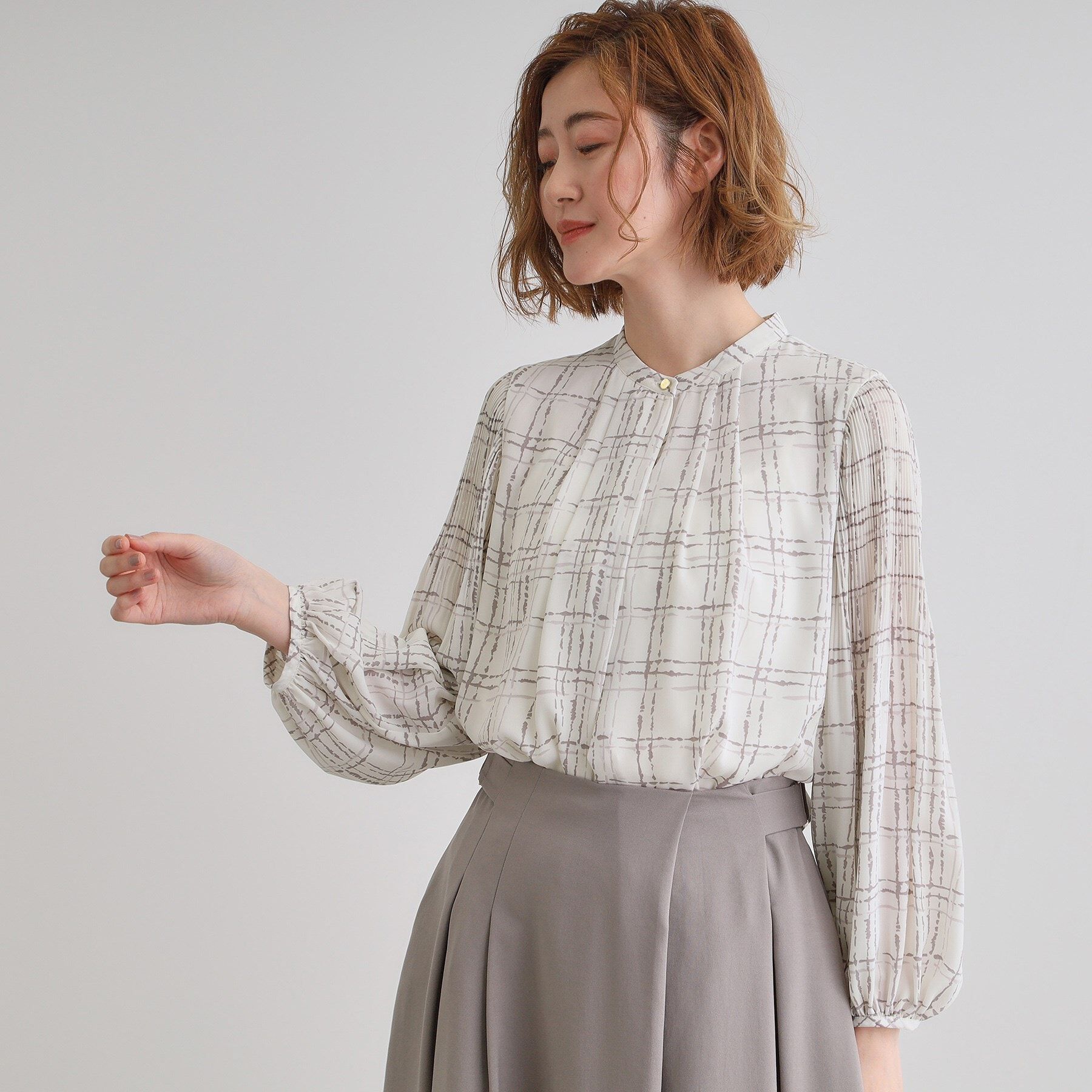 grove「【華やか】プリントアソート袖プリーツブラウス」|シャツ・ブラウス|