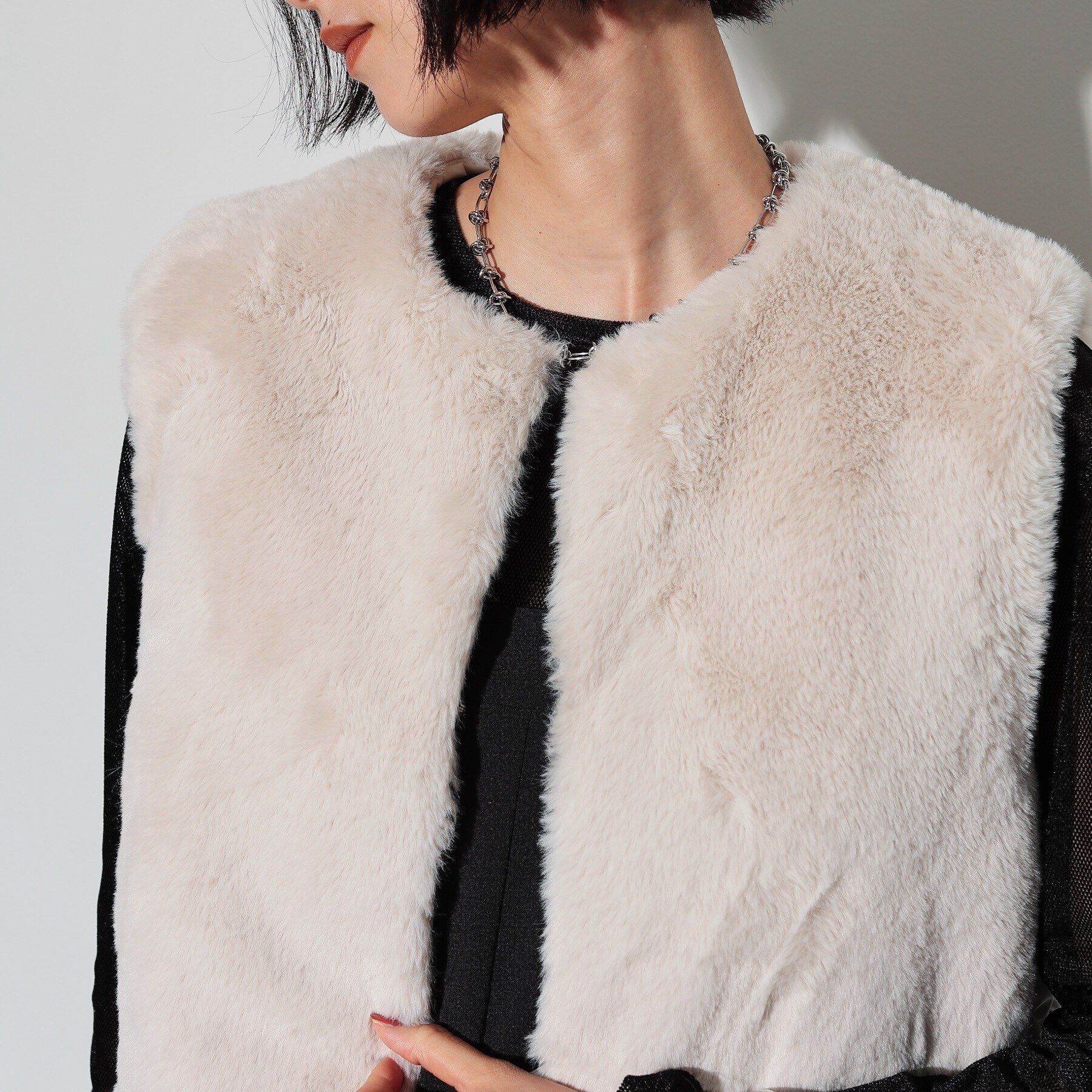 GALLEST「キルティングフェイクファードッキングジレ」|ダウン|