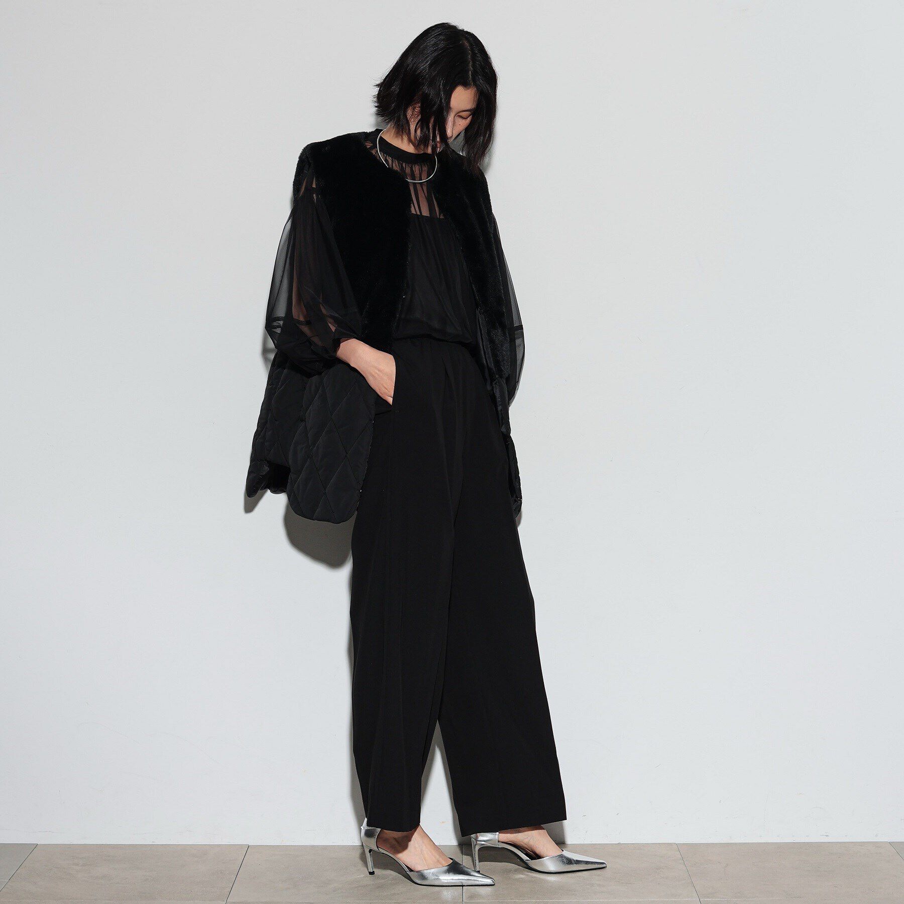 GALLEST「キルティングフェイクファードッキングジレ」|ダウン|