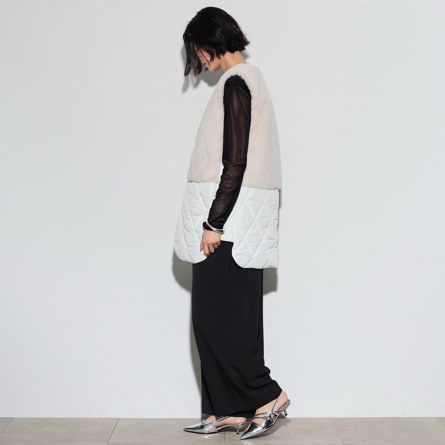 GALLEST「キルティングフェイクファードッキングジレ」|ダウン|