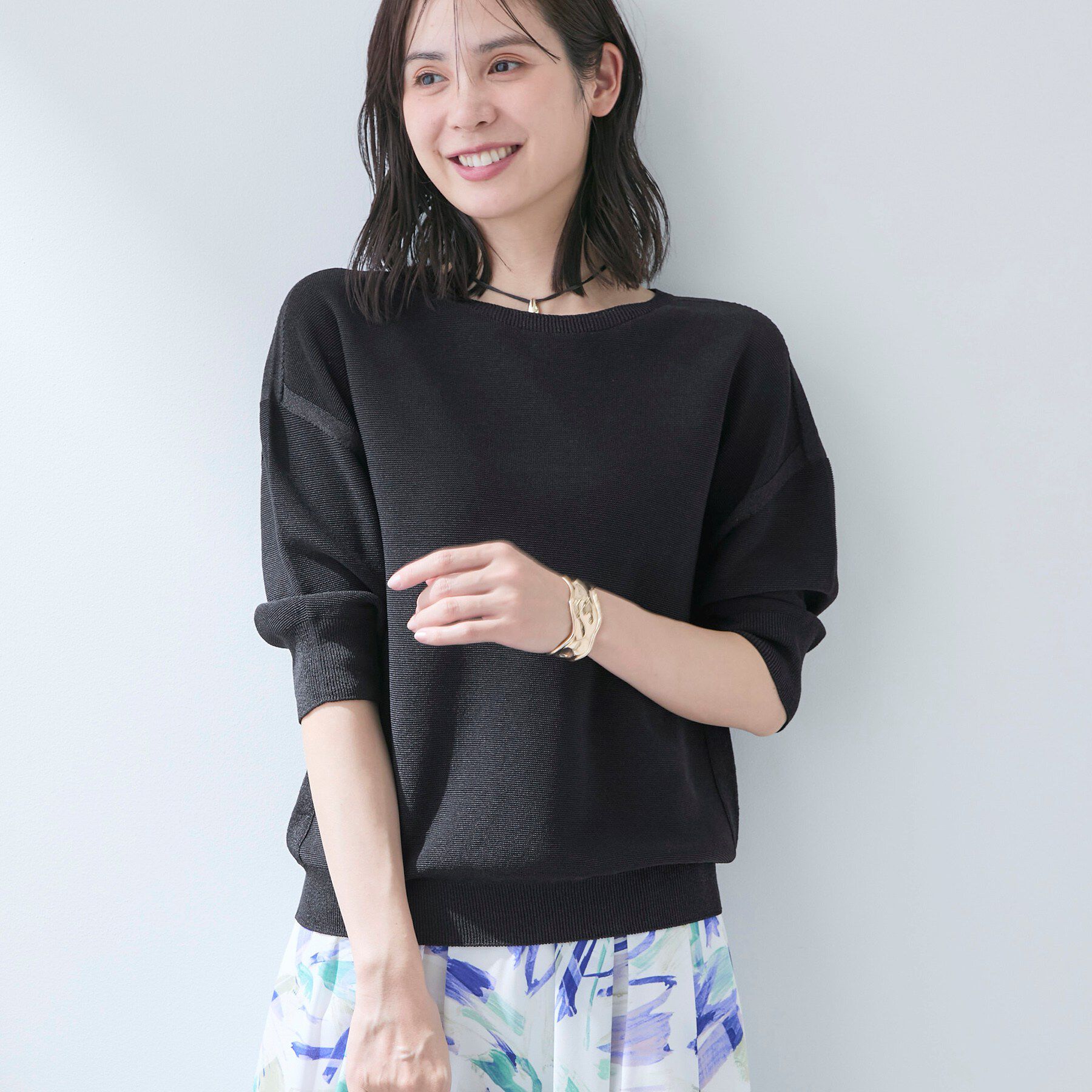 INDIVI「【洗える／ドライタッチ／和紙混】ガーター編みニット」|ニット・セーター|ブラック(019)