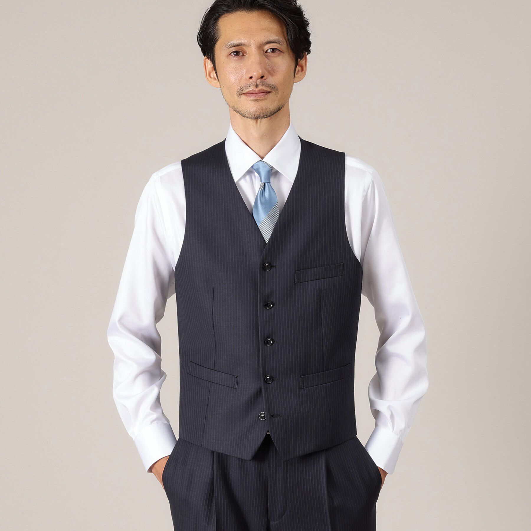 TAKEO KIKUCHI「【DORMEUIL AMADEUS365】ピンストライプ ベスト/3ピース対応」|スーツ|ブルー(393)