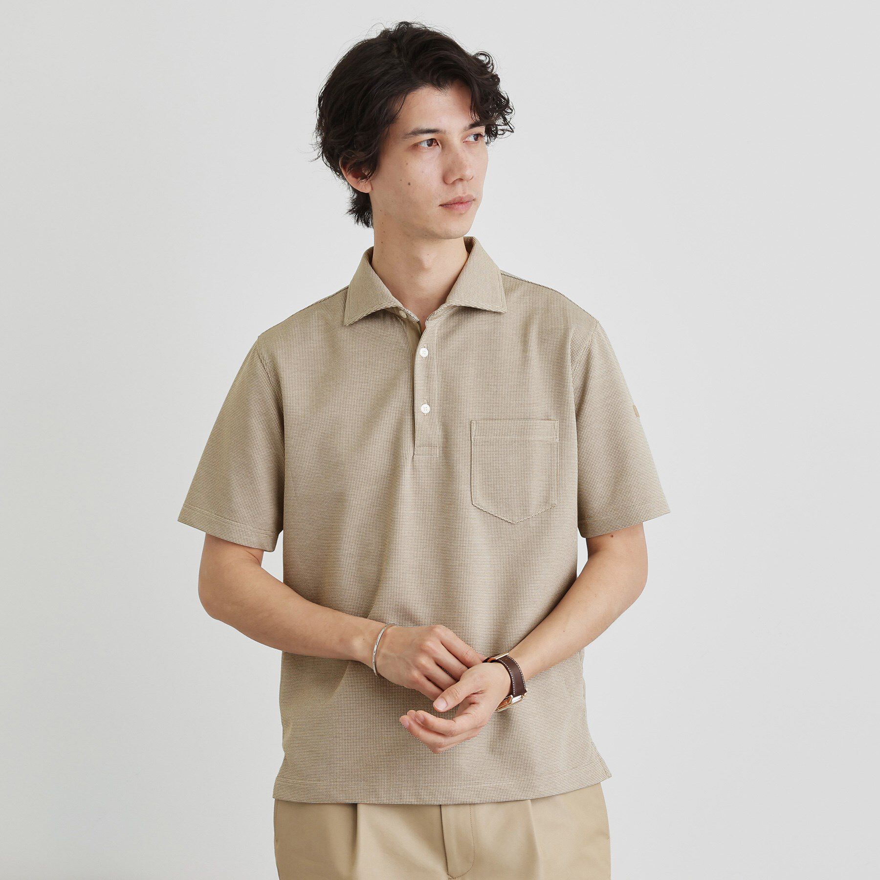 TAKEO KIKUCHI「千鳥柄ポロシャツ」|ポロシャツ|ピンクベージュ(45