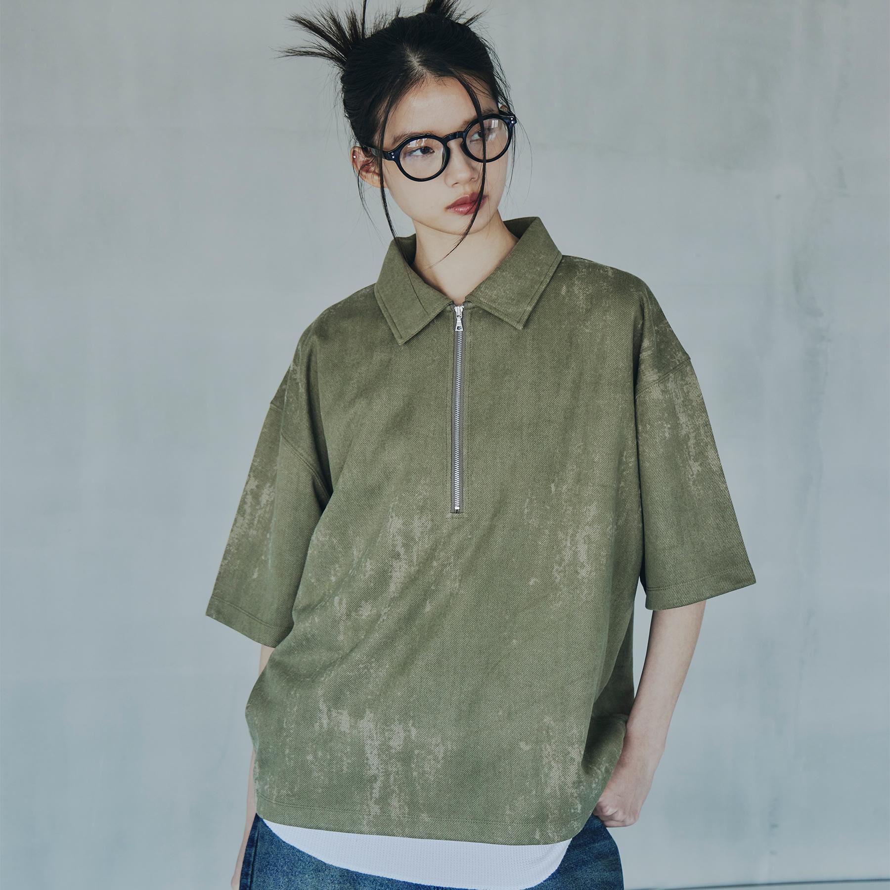 tk.TAKEO KIKUCHI「ヴィンテージライクハーフジップポロシャツ」|ポロシャツ|オリーブグリーン(0