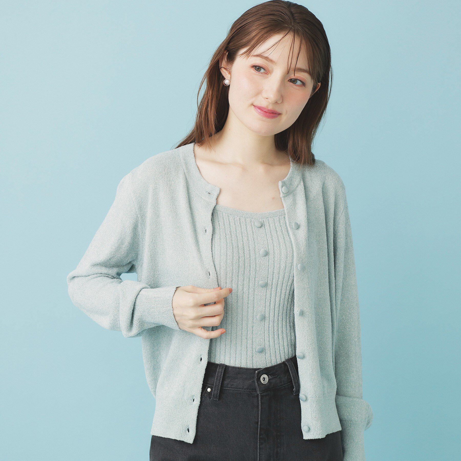 index「ミニモールラメコンパクトクルーカーディガン/アンサンブル対応【洗濯機OK】」|カーディガン|ミントグリーン(02
