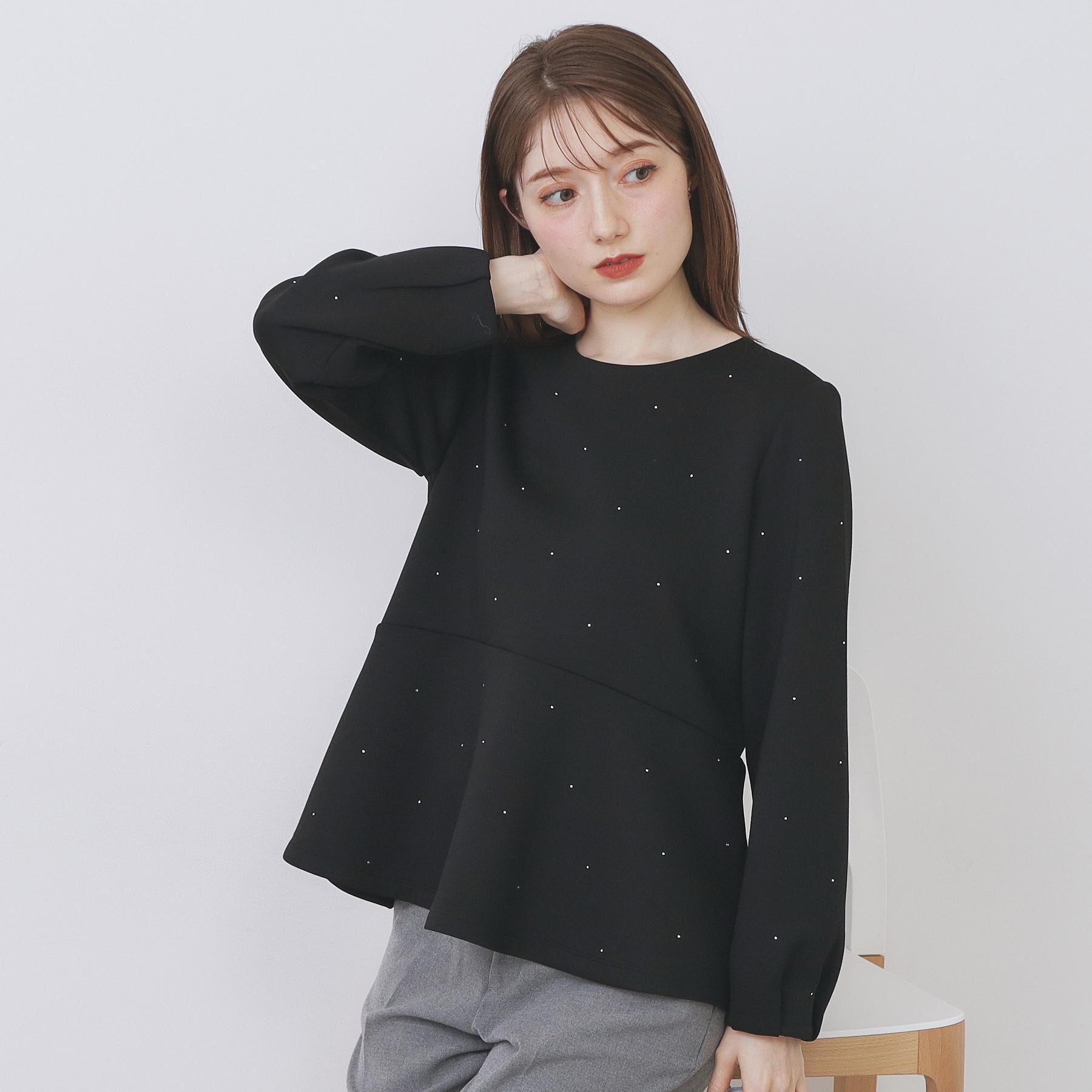 index「ジルコンペプラムトップス【洗濯機OK】」|Tシャツ・カットソー|ブラック(019)