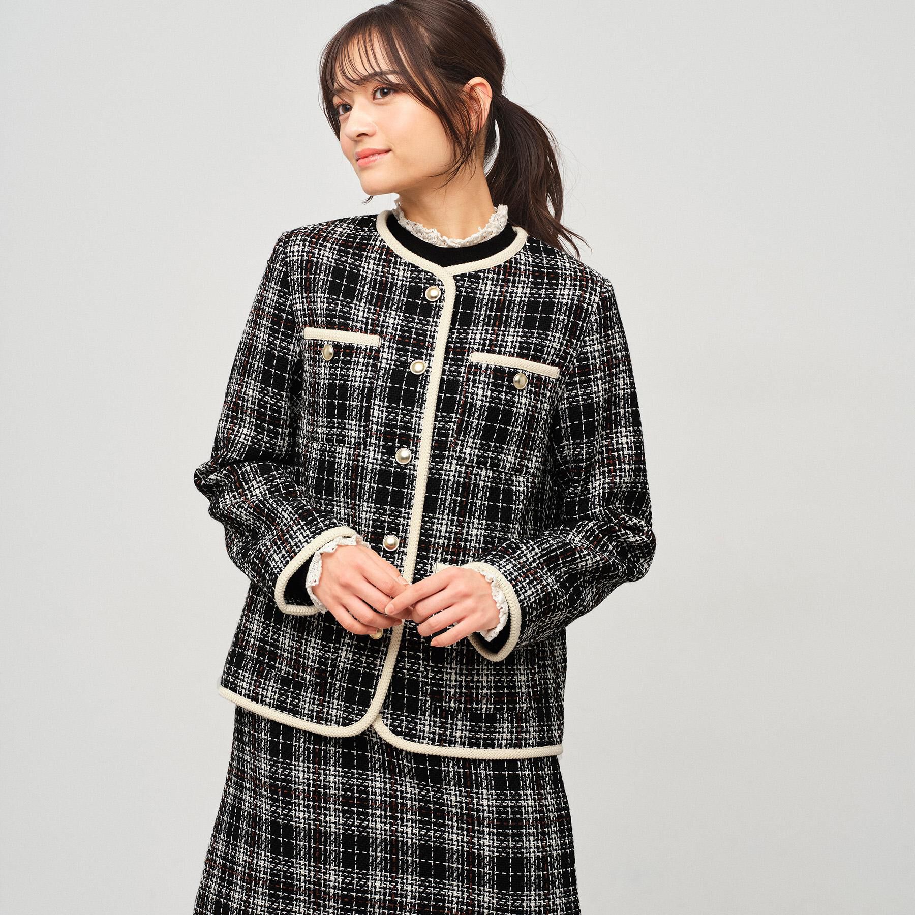 index「チェックツイードジャケットコート/セットアップ対応【洗える】」|ノーカラージャケット|
