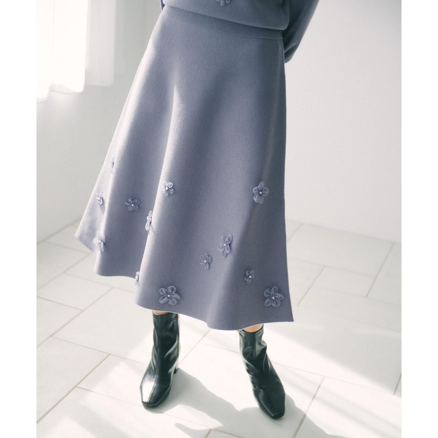 index「フラワーモチーフニットフレアスカート【洗える】」|スカート|