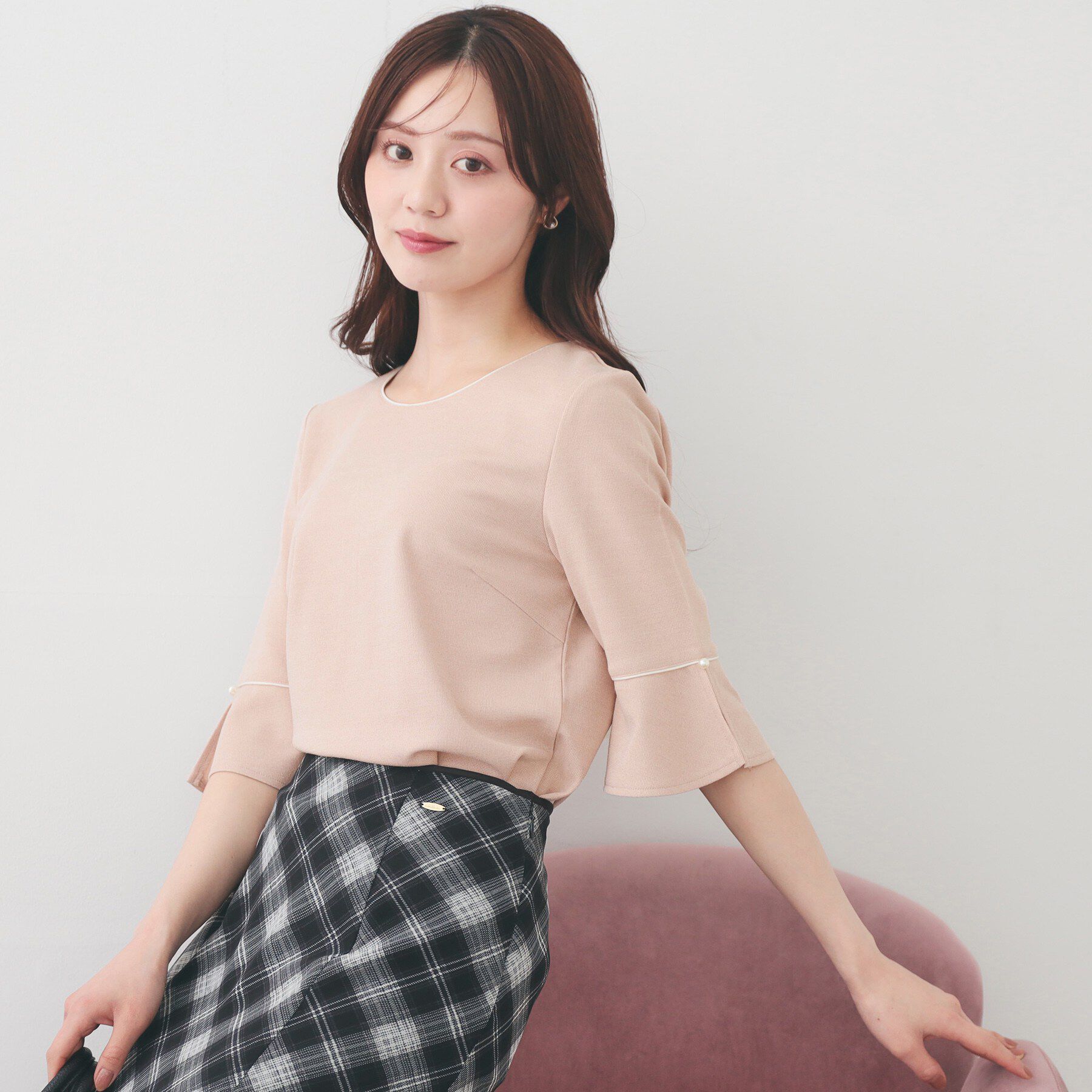 index「フレアスリーブバイカラートップス【洗濯機OK/接触冷感/UVケア】」|Tシャツ・カットソー|ライトピンク(670