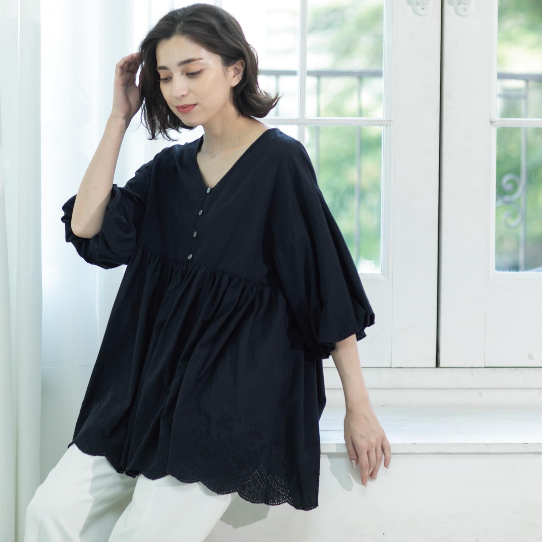 OPAQUE.CLIP「バルーン袖スカラップ刺繍レースチュニック」|シャツ・ブラウス|