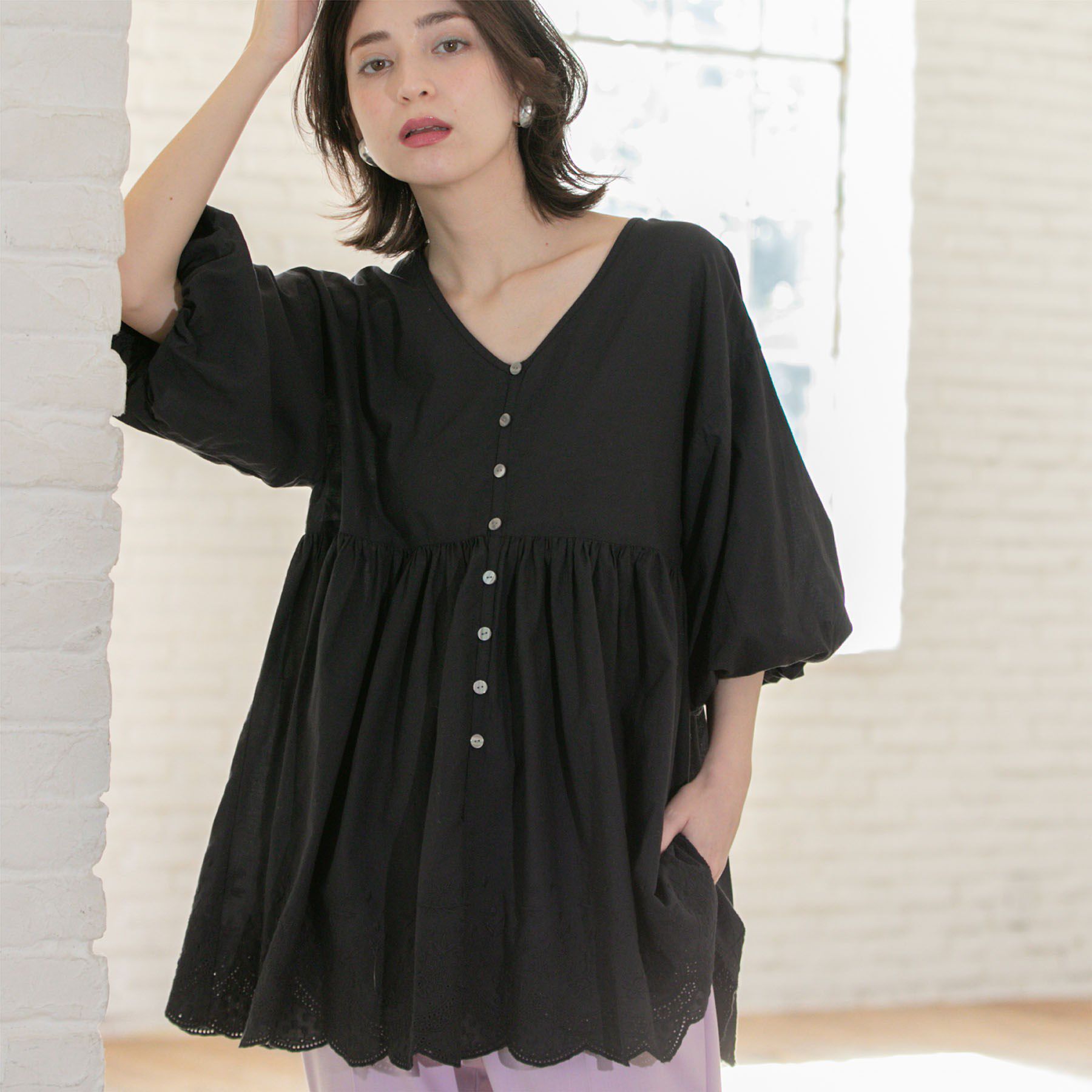 OPAQUE.CLIP「バルーン袖スカラップ刺繍レースチュニック」|シャツ・ブラウス|