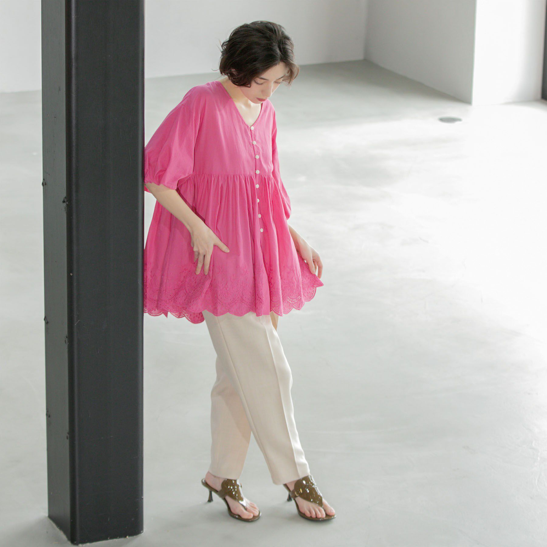 OPAQUE.CLIP「バルーン袖スカラップ刺繍レースチュニック」|シャツ・ブラウス|