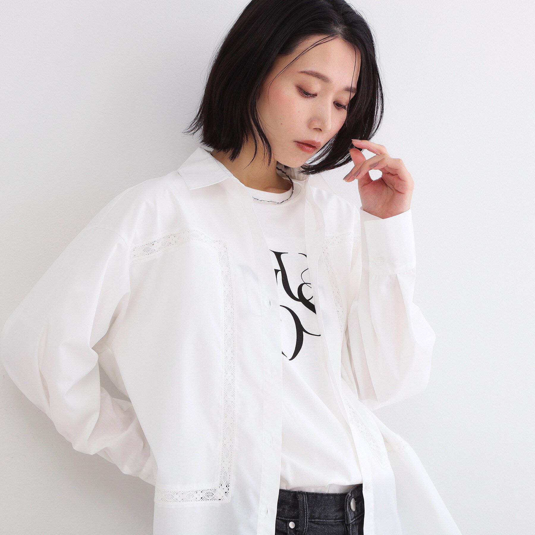 OPAQUE.CLIP「レーストリミングシャツ【洗濯機OK】」|シャツ・ブラウス|ホワイト(001)