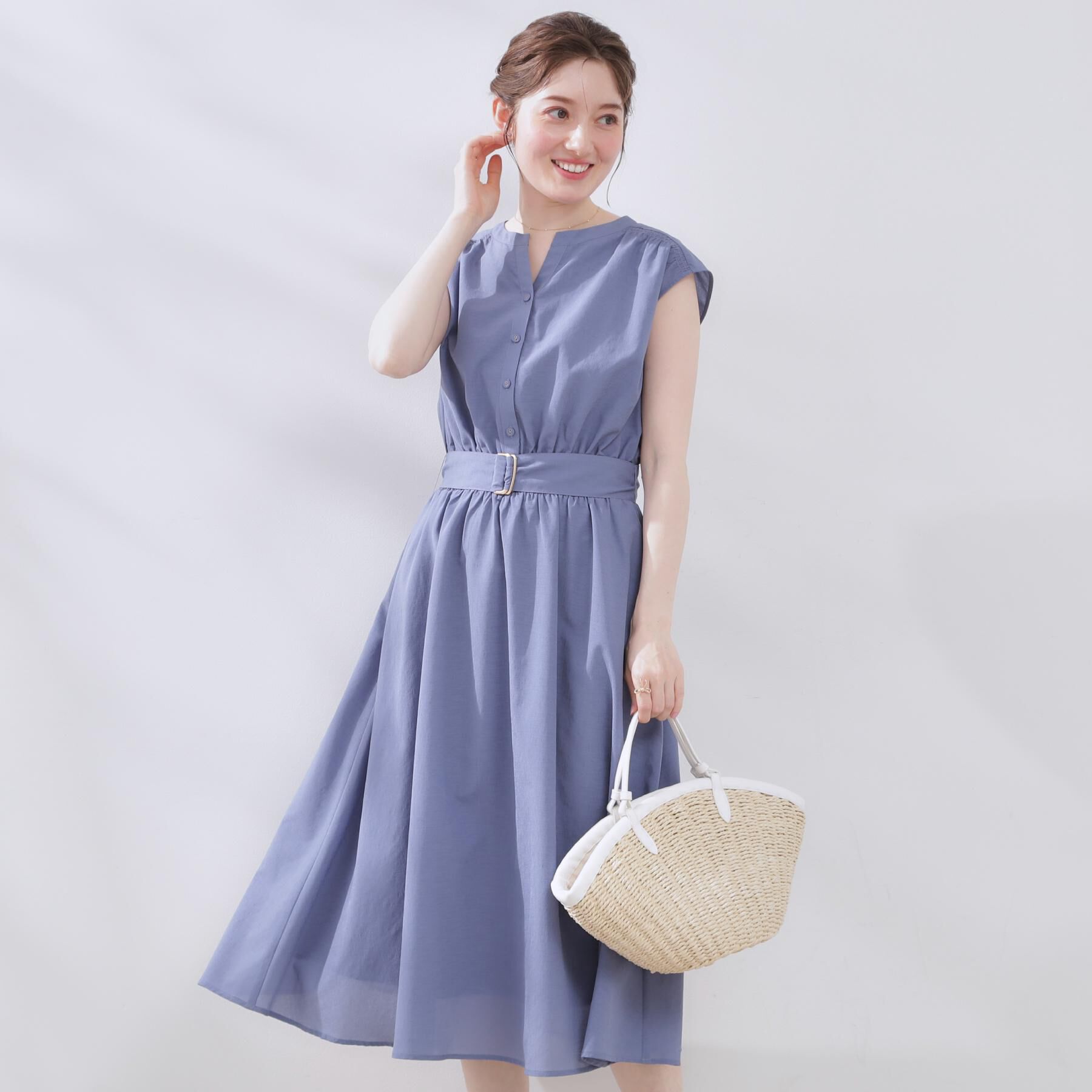 Couture broach「【ドライタッチ・しわになりにくい・通勤】麻調シャツワンピース」|ワンピース|ブルー(092)