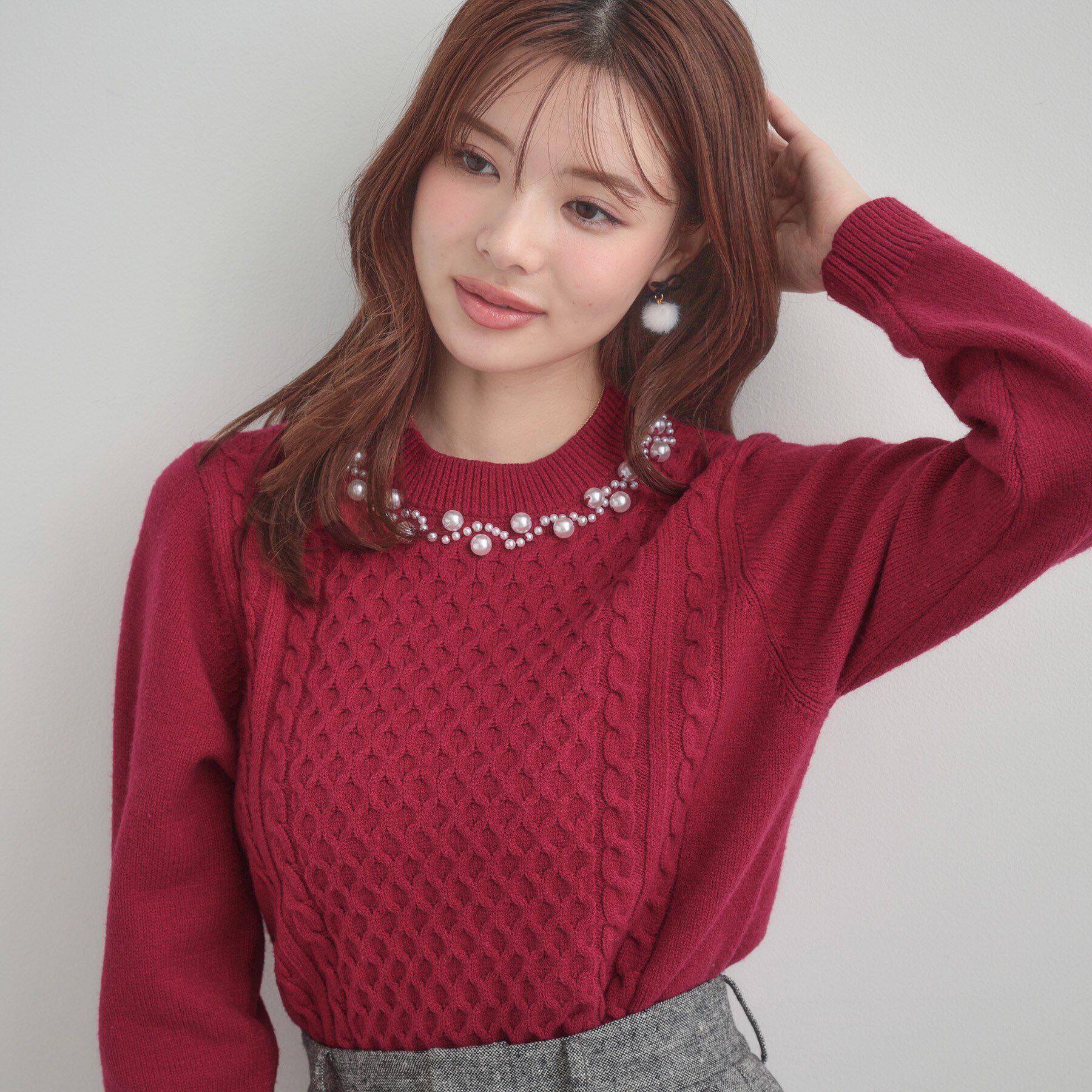 Couture broach「【きれいめ】パール調デザイン アラン柄ニット」|ニット・セーター|