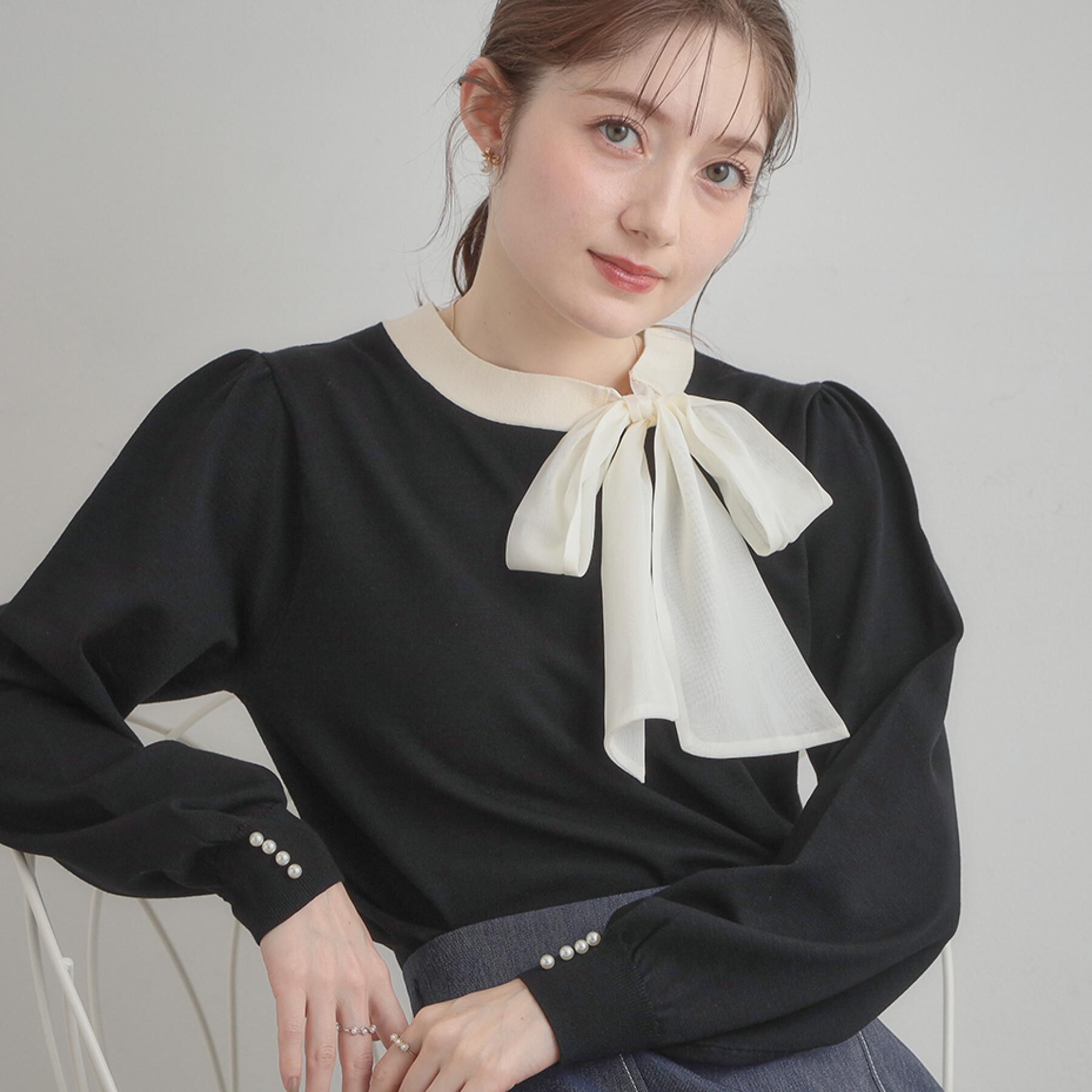 Couture broach「【洗える・着映え】オーガンジーリボンタイ ニット」|ニット・セーター|