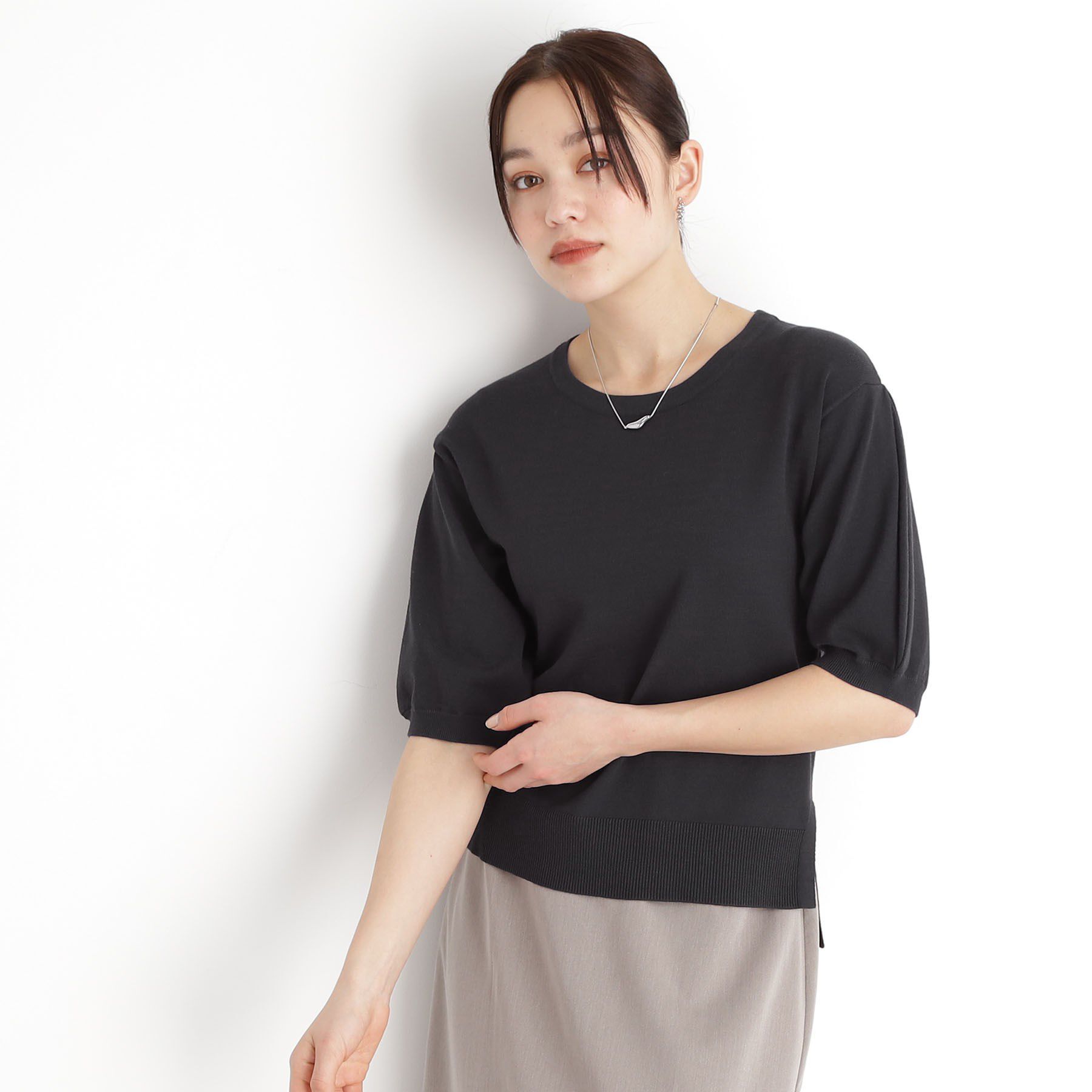 THE SHOP TK「【接触冷感/体型カバー】袖タック6分袖ニット/洗濯機OK/UVケア」|ニット・セーター|スミクロ(018)