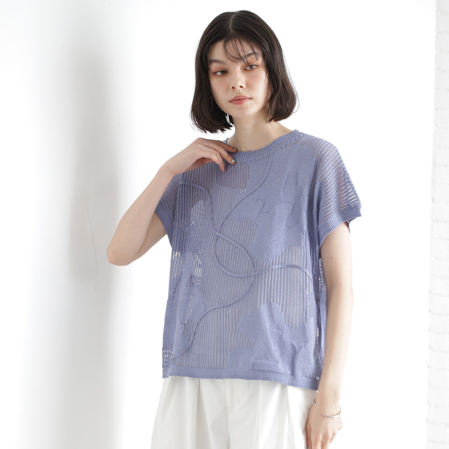 THE SHOP TK「コード刺繍シアーニット【洗える】」|ニット・セーター|ブルー(091)