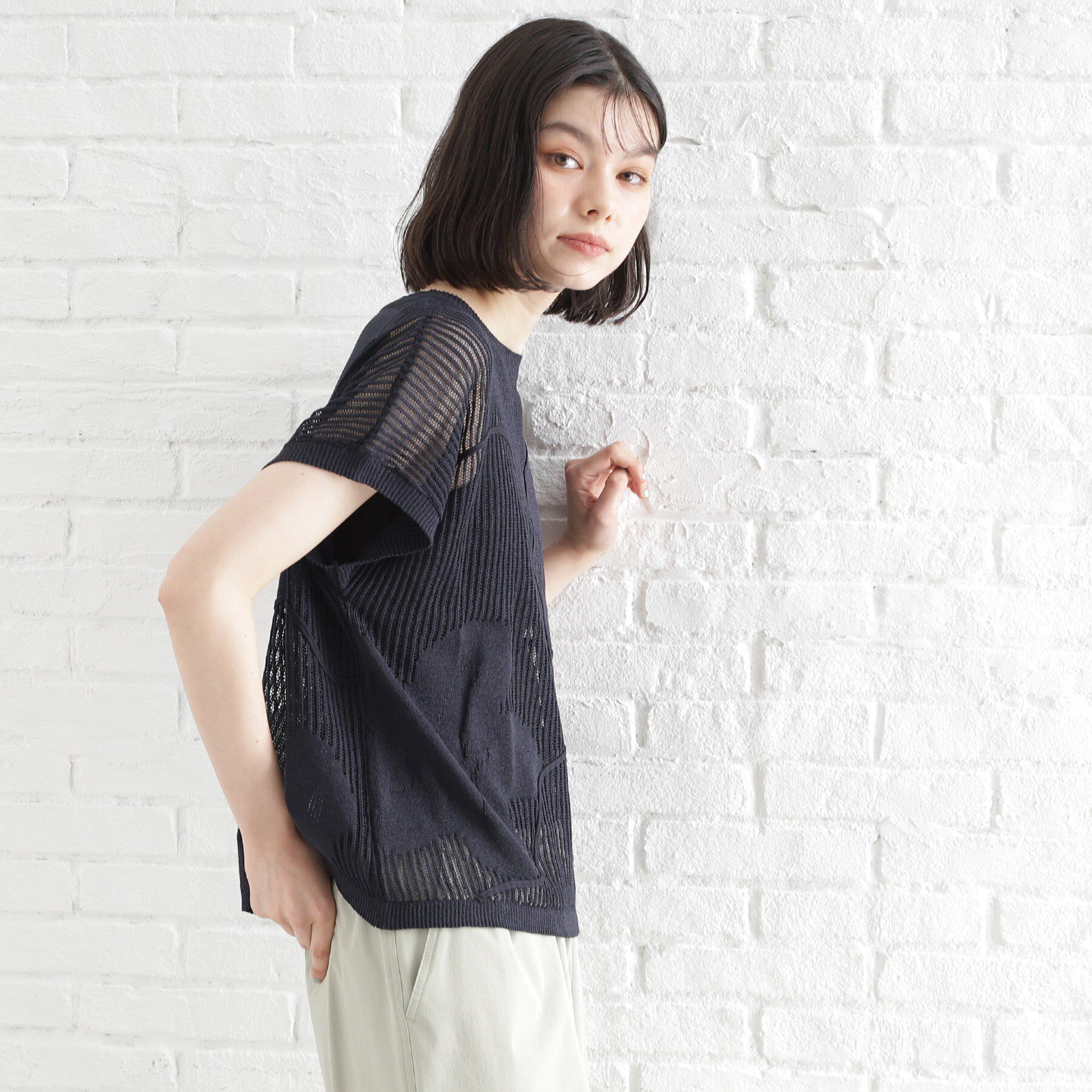 THE SHOP TK「コード刺繍シアーニット【洗える】」|ニット・セーター|ネイビー(094)