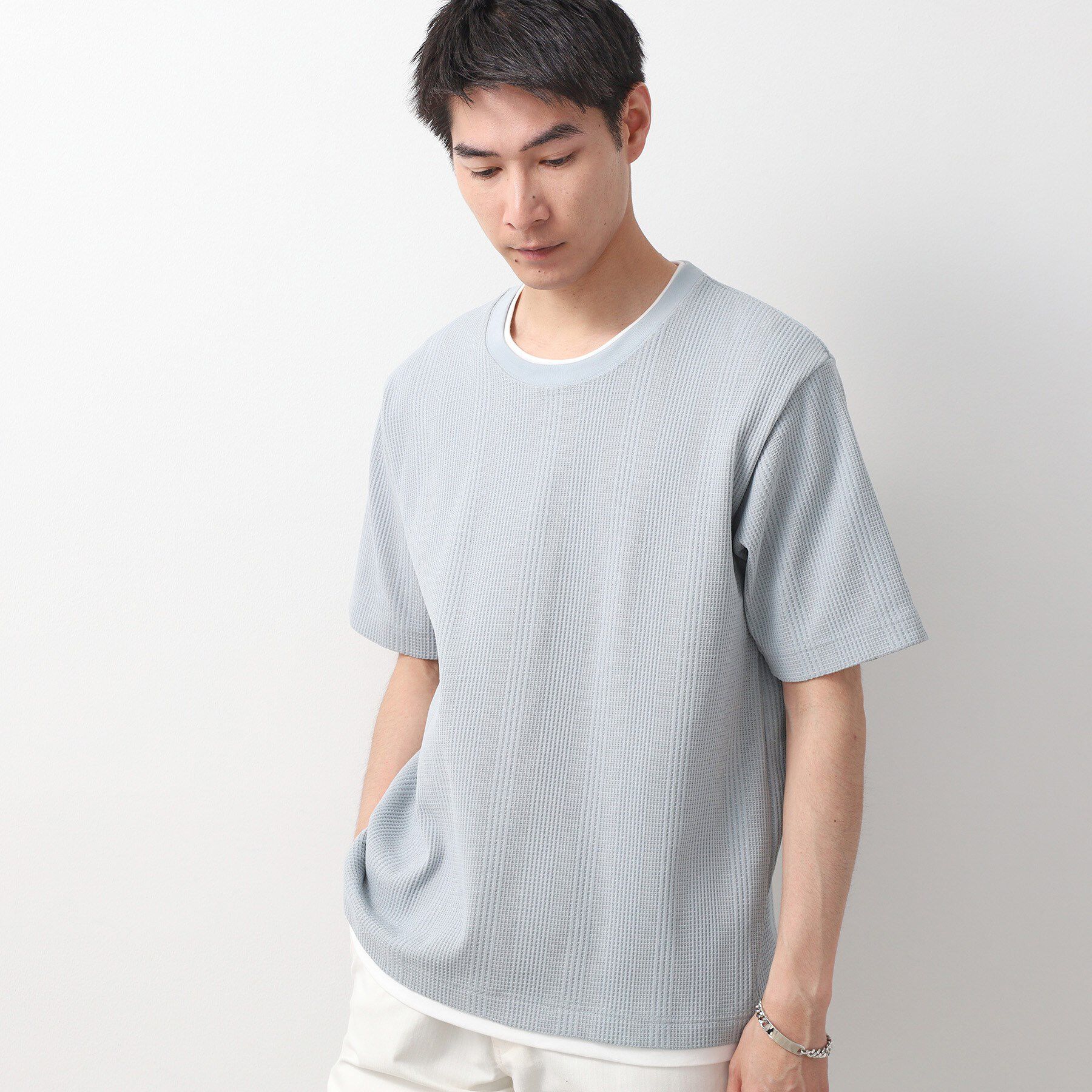 THE SHOP TK「ランダムワッフル半袖Tシャツ 【洗濯機ＯＫ】」|Tシャツ・カットソー|ライトグレー(011