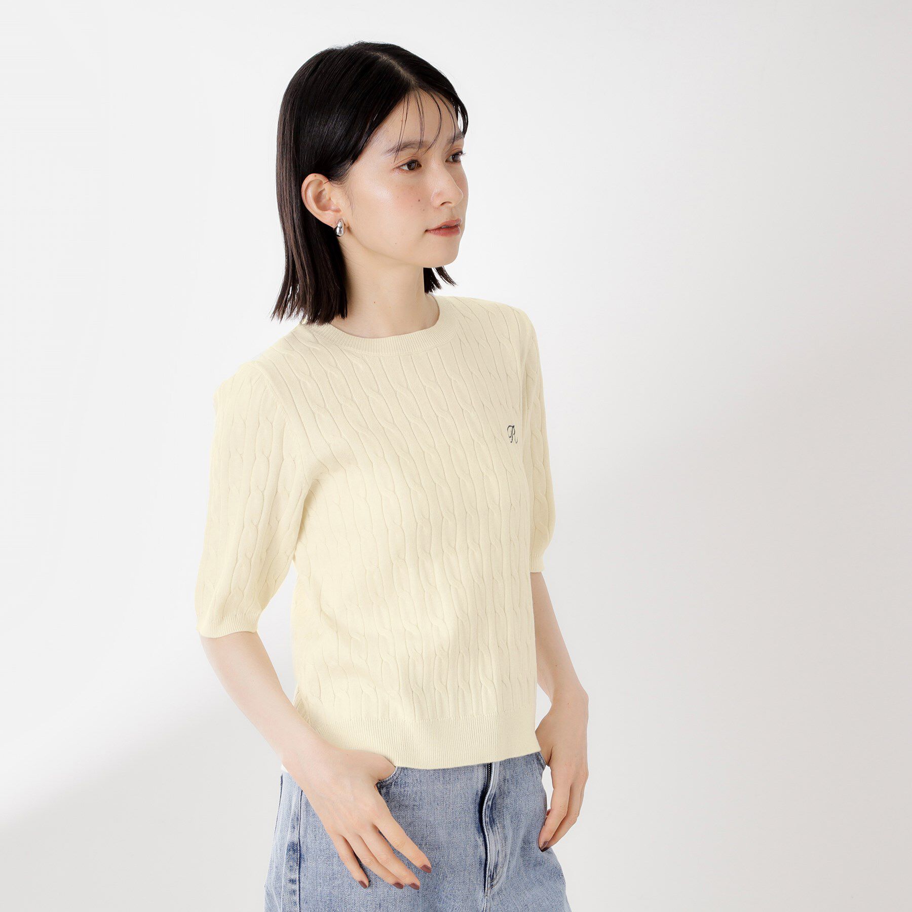 THE SHOP TK「ワンポイント刺繍ケーブル半袖ニット【洗濯機OK】」|ニット・セーター|