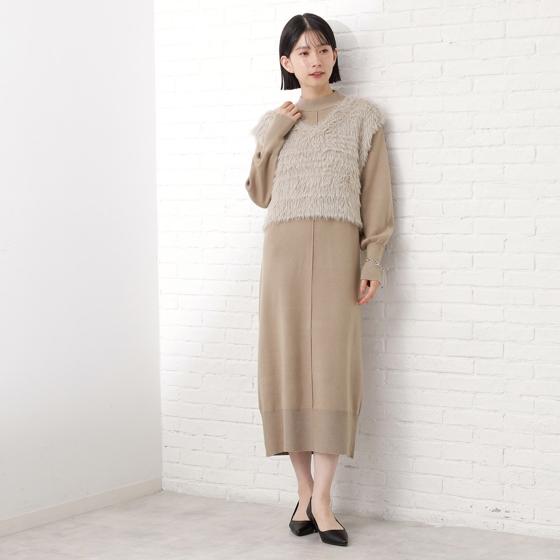 THE SHOP TK「優秀ふわふわベスト＆ニットワンピース【毛玉になりにくい/静電気防止/洗える】」|ワンピース|グレージュ(050)