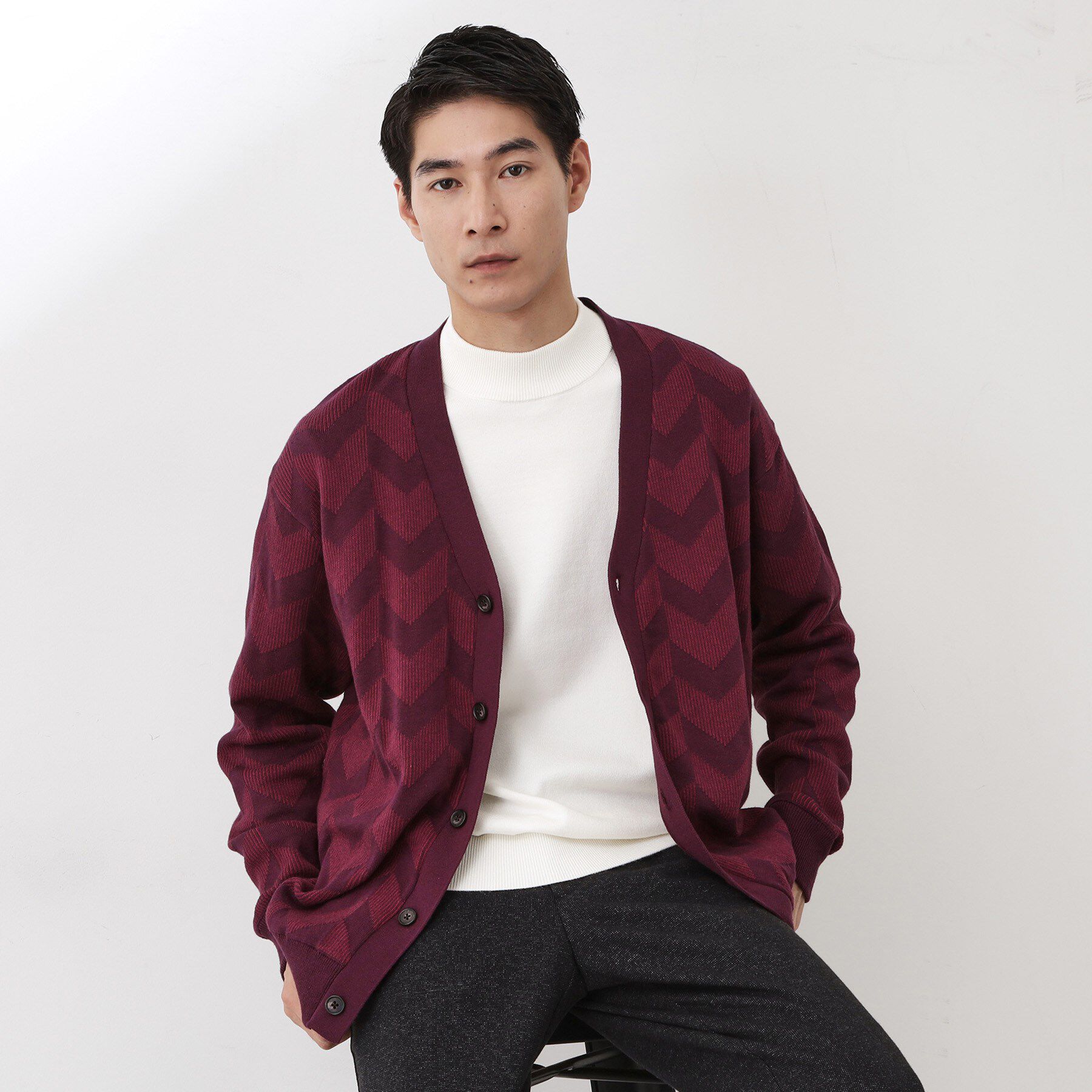 THE SHOP TK「ヘリンボンニットカーディガン」|カーディガン|ボルドー(064)