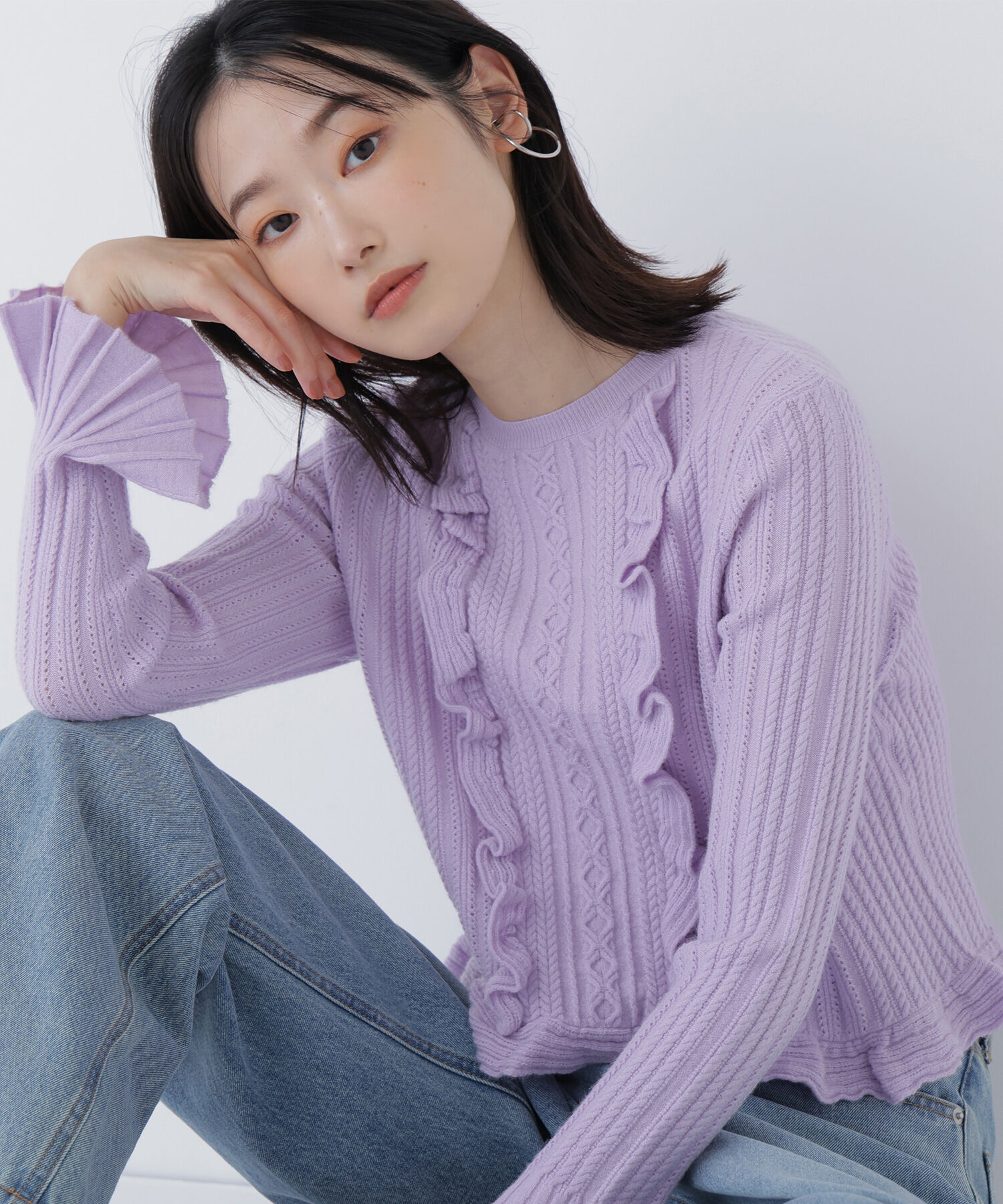  「ミニケーブルフリルニット」|ニット・セーター|ラベンダー