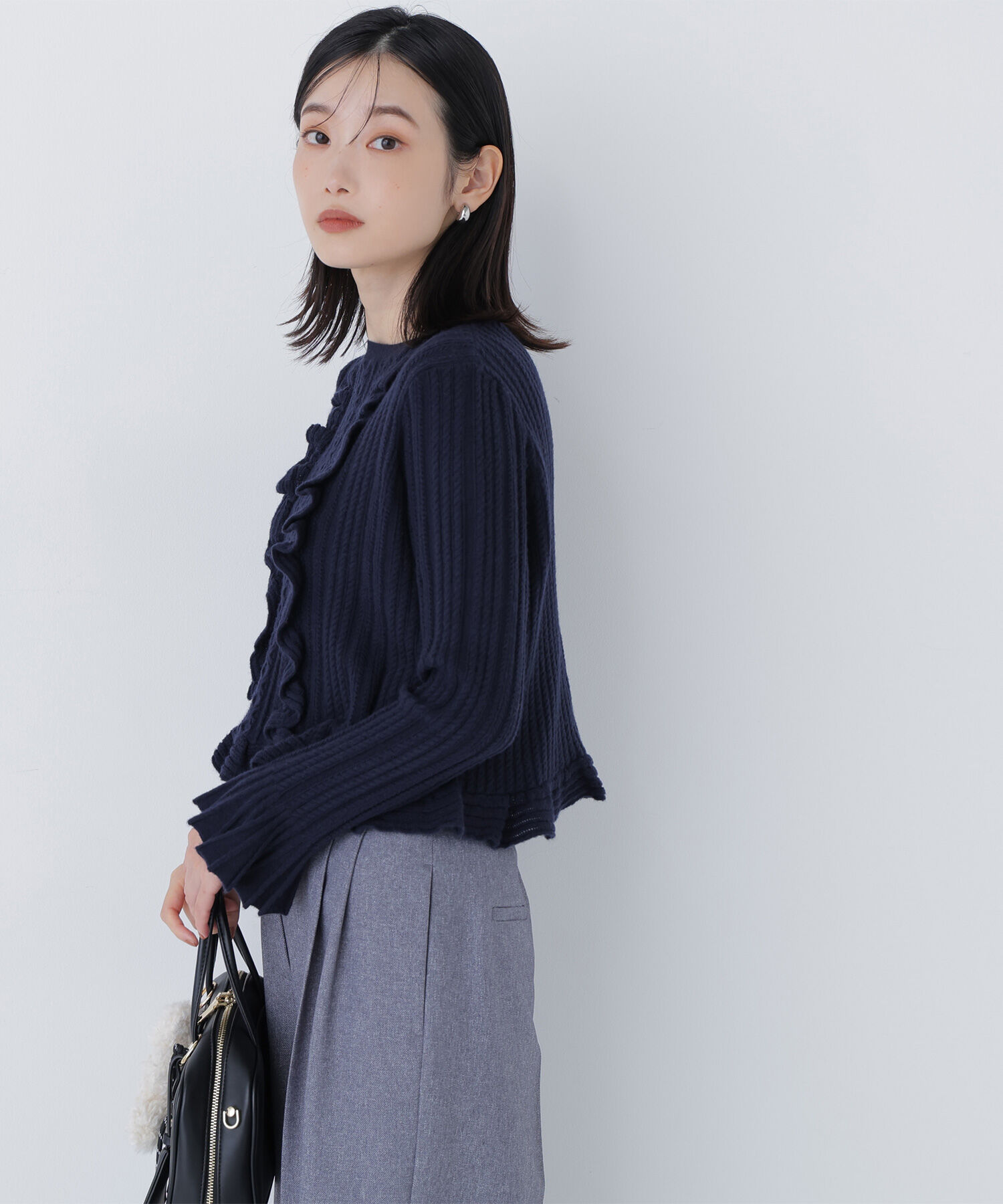  「ミニケーブルフリルニット」|ニット・セーター|ネイビー
