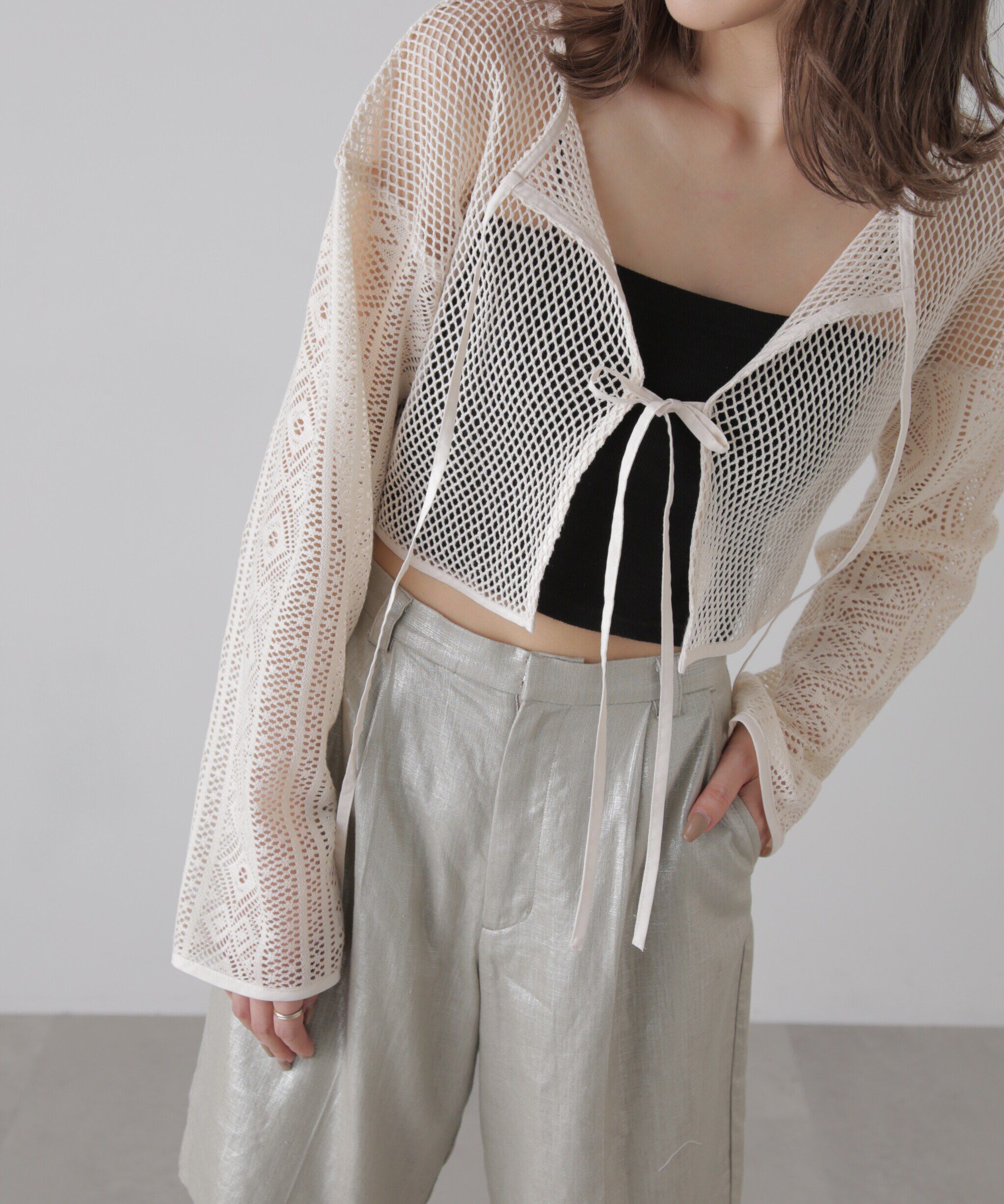  「前後2wayダブルリボンメッシュカーディガン」|シャツ・ブラウス|