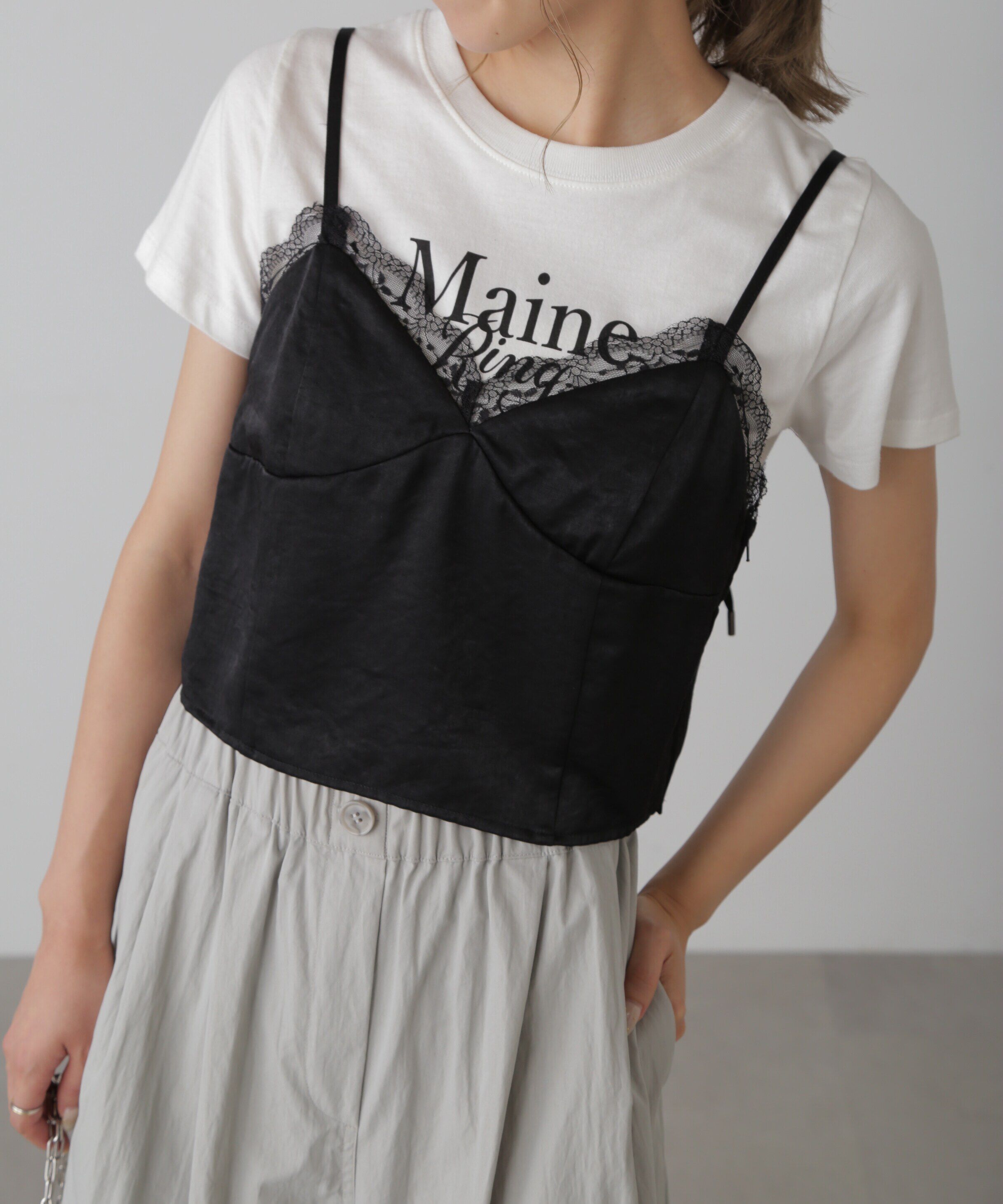  「サテンレースキャミソール」|シャツ・ブラウス|ブラック