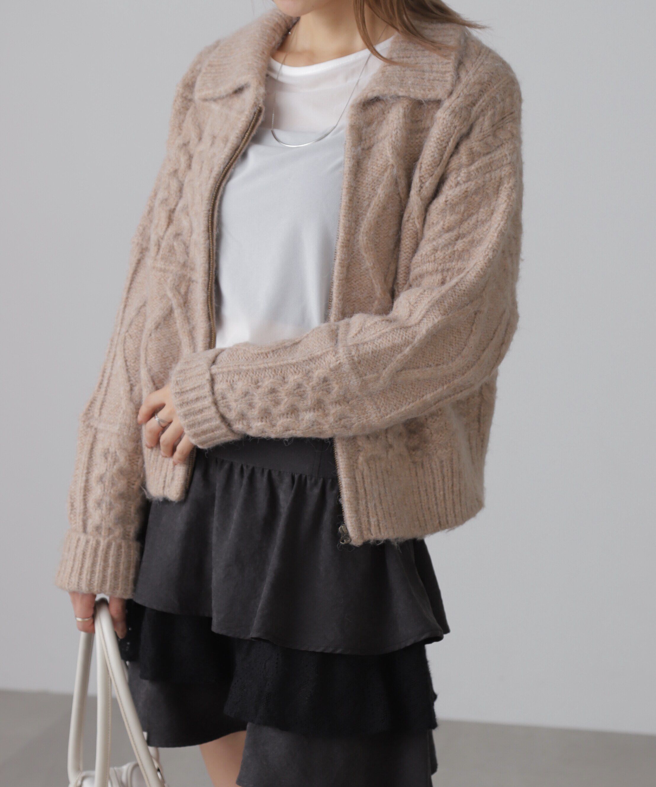  「ジャガードニットブルゾン」|ブルゾン・スタジャン|ベージュ